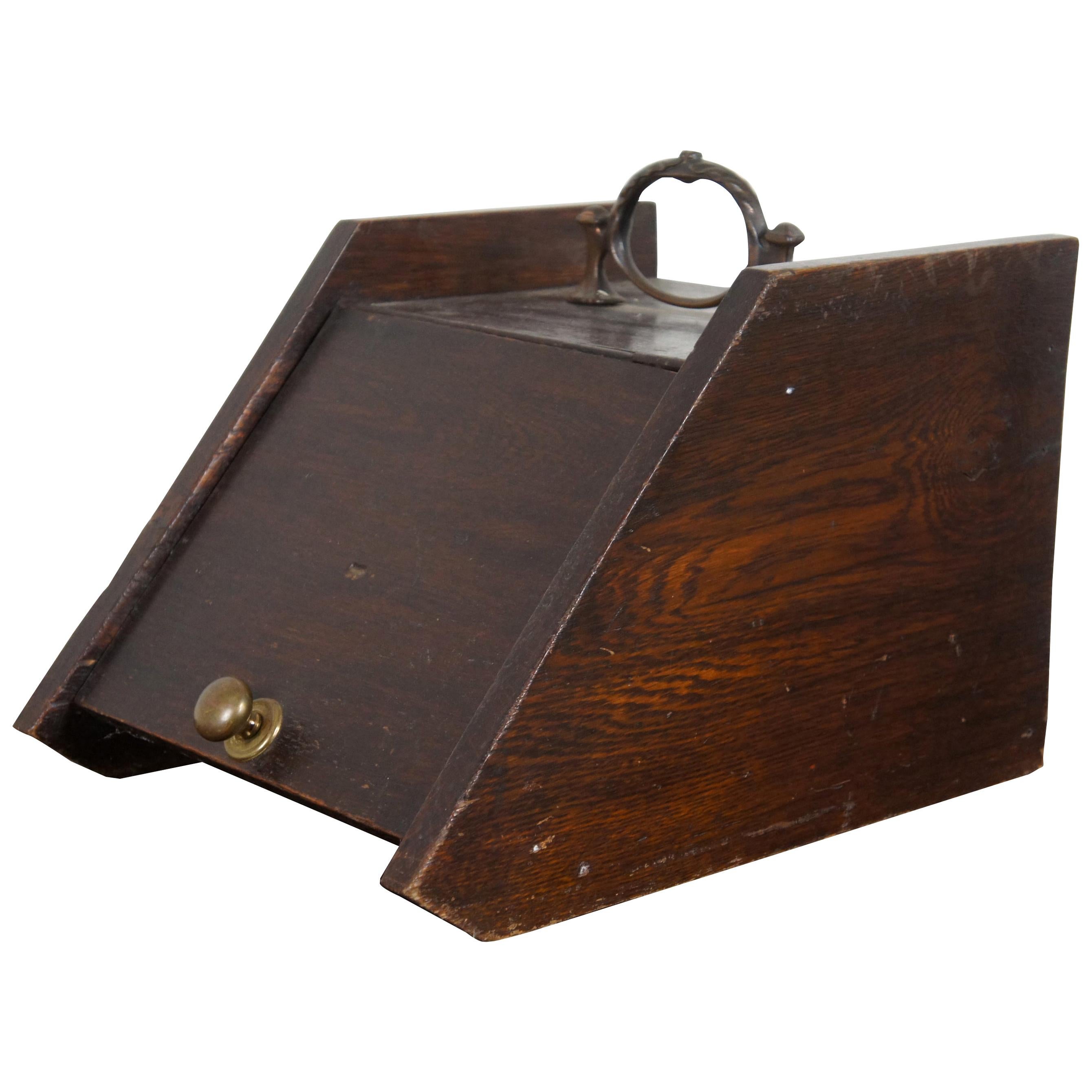 Antique English Oak Coal Bin Scuttle Fireside Kindling Box and Shovel Log Ash