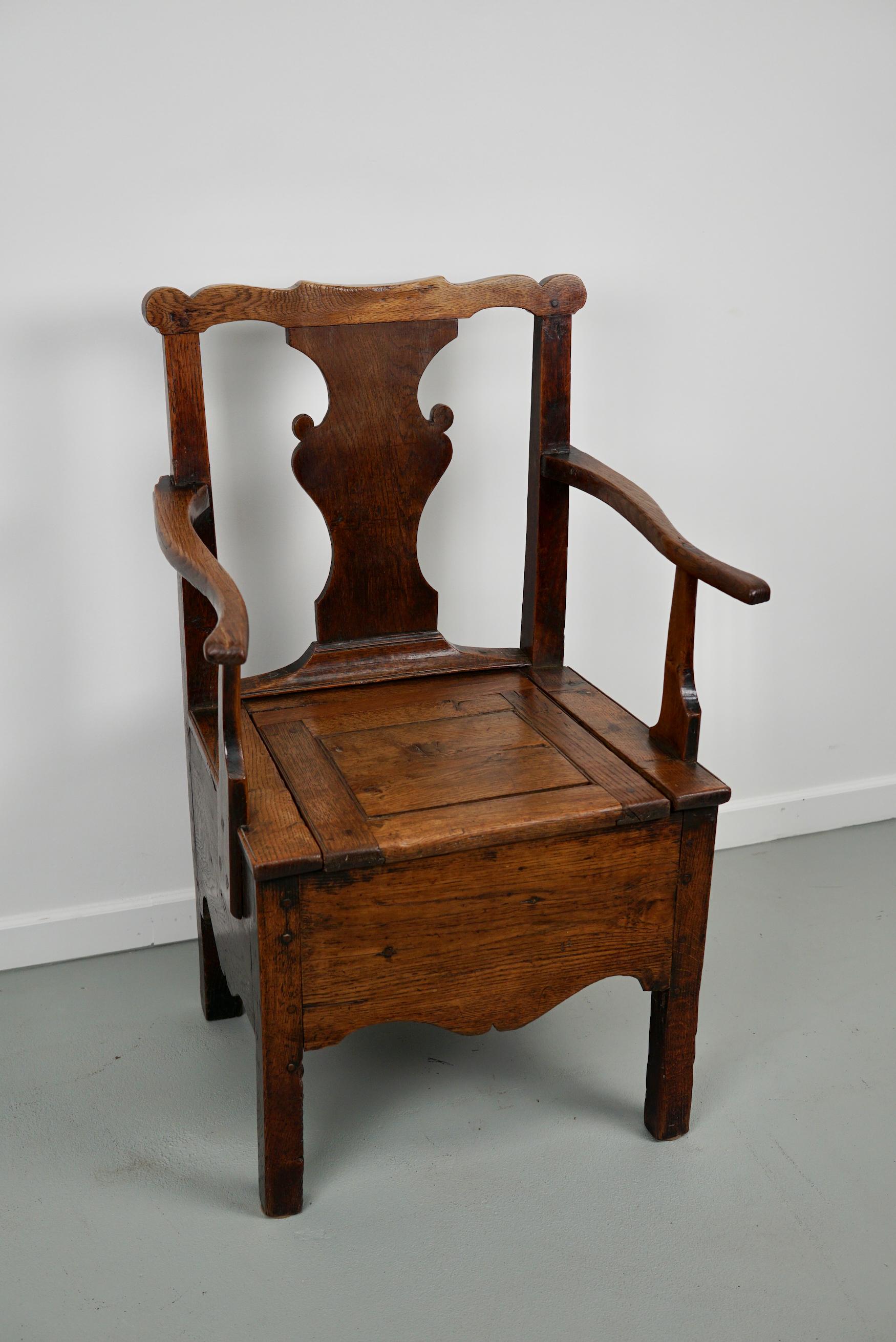 European Antique English Oak Commode Chair 18th Century For Sale
