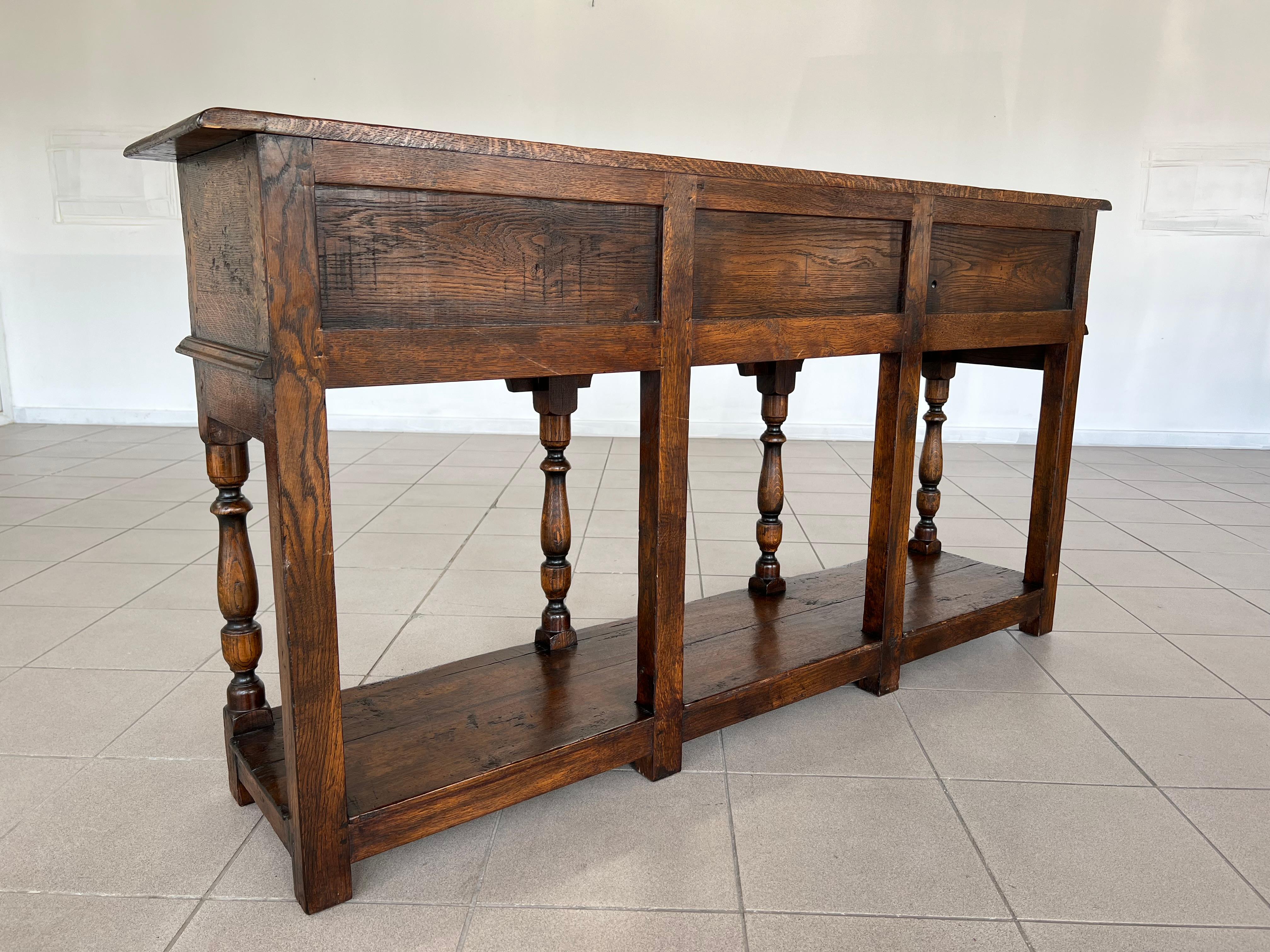 Antique English Oak Console Foyer Table Sideboard With Three Drawers 11