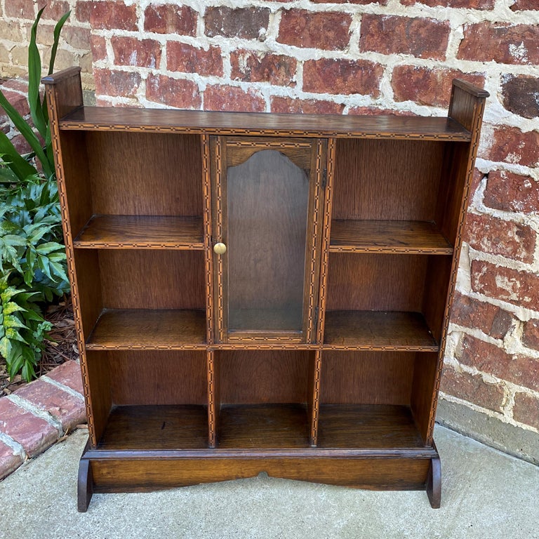 Antique English Oak Display Shelf Bookcase Freestanding Inlaid