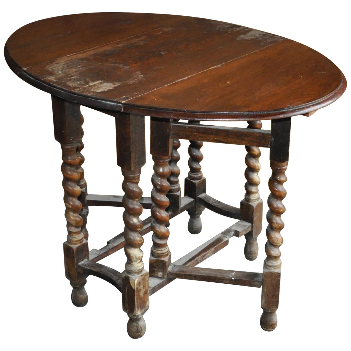 Antique English Oak Drop Leaf Dining Table, Rustic Gate Leg Table, 19th Century
