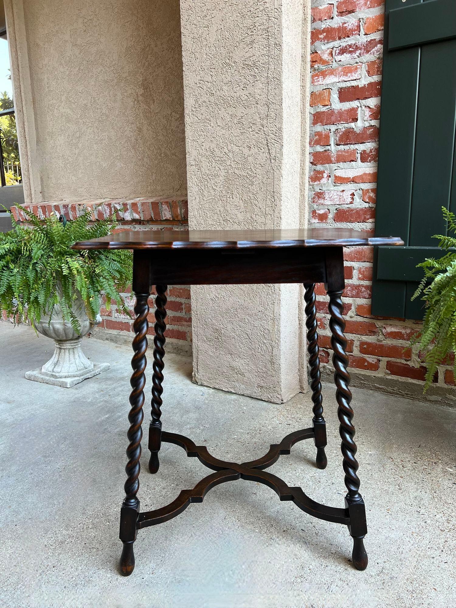 Carved Antique English Oak End Side Table Barley Twist Scalloped Pie Crust Edge For Sale