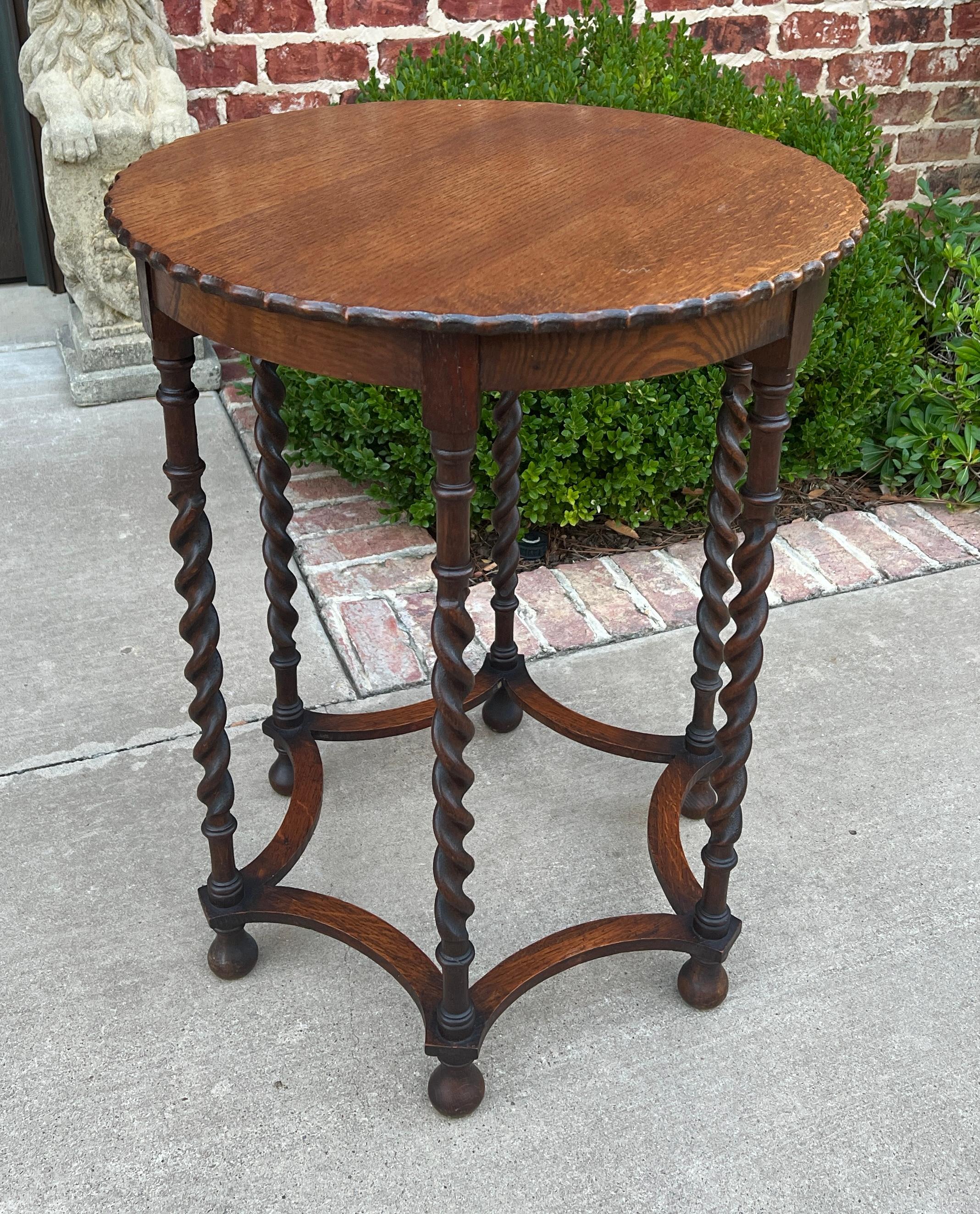 Antique English Oak End Table ROUND Barley Twist Pie Crust Edge Side Table 6