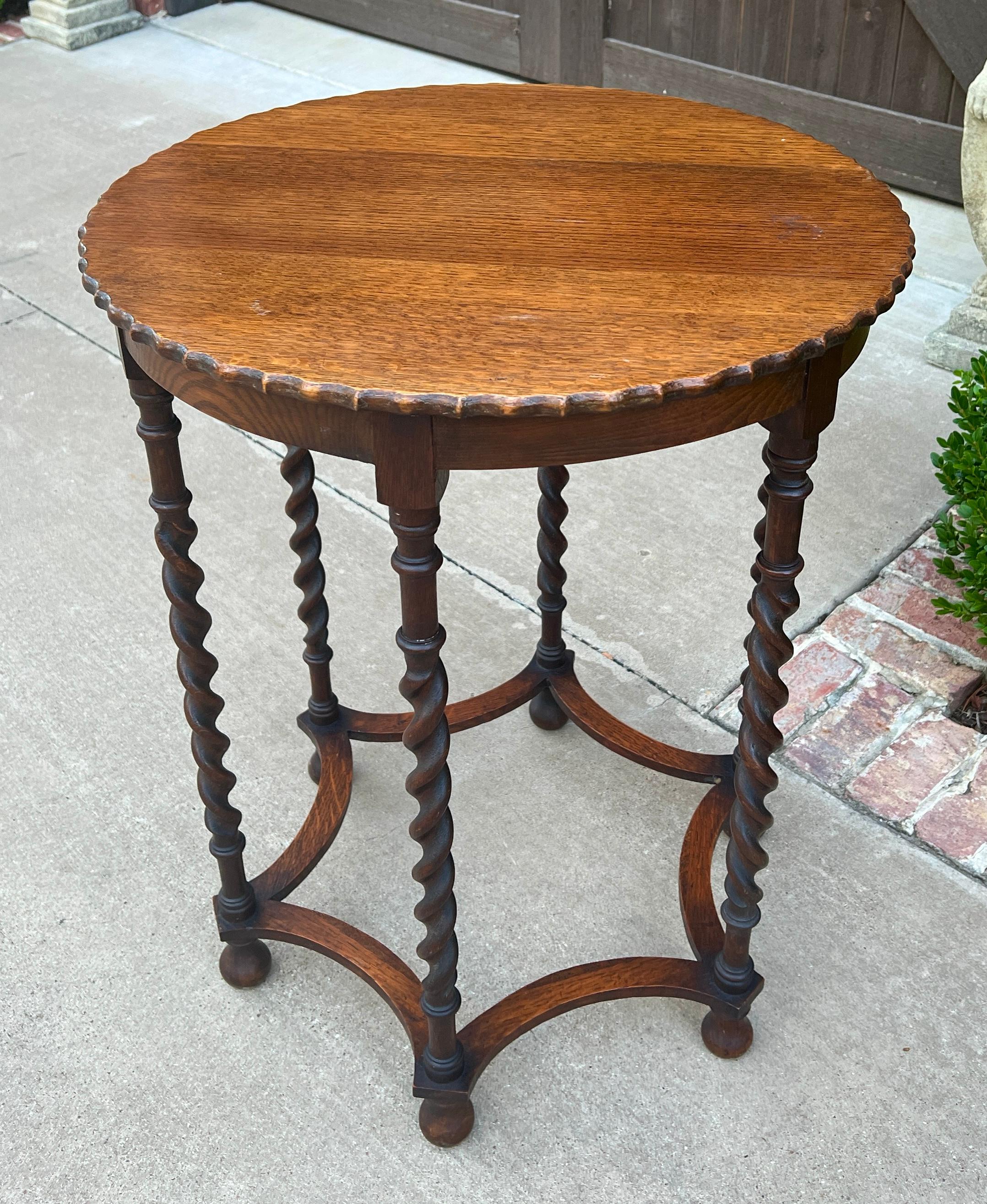 Antique English Oak End Table ROUND Barley Twist Pie Crust Edge Side Table 11
