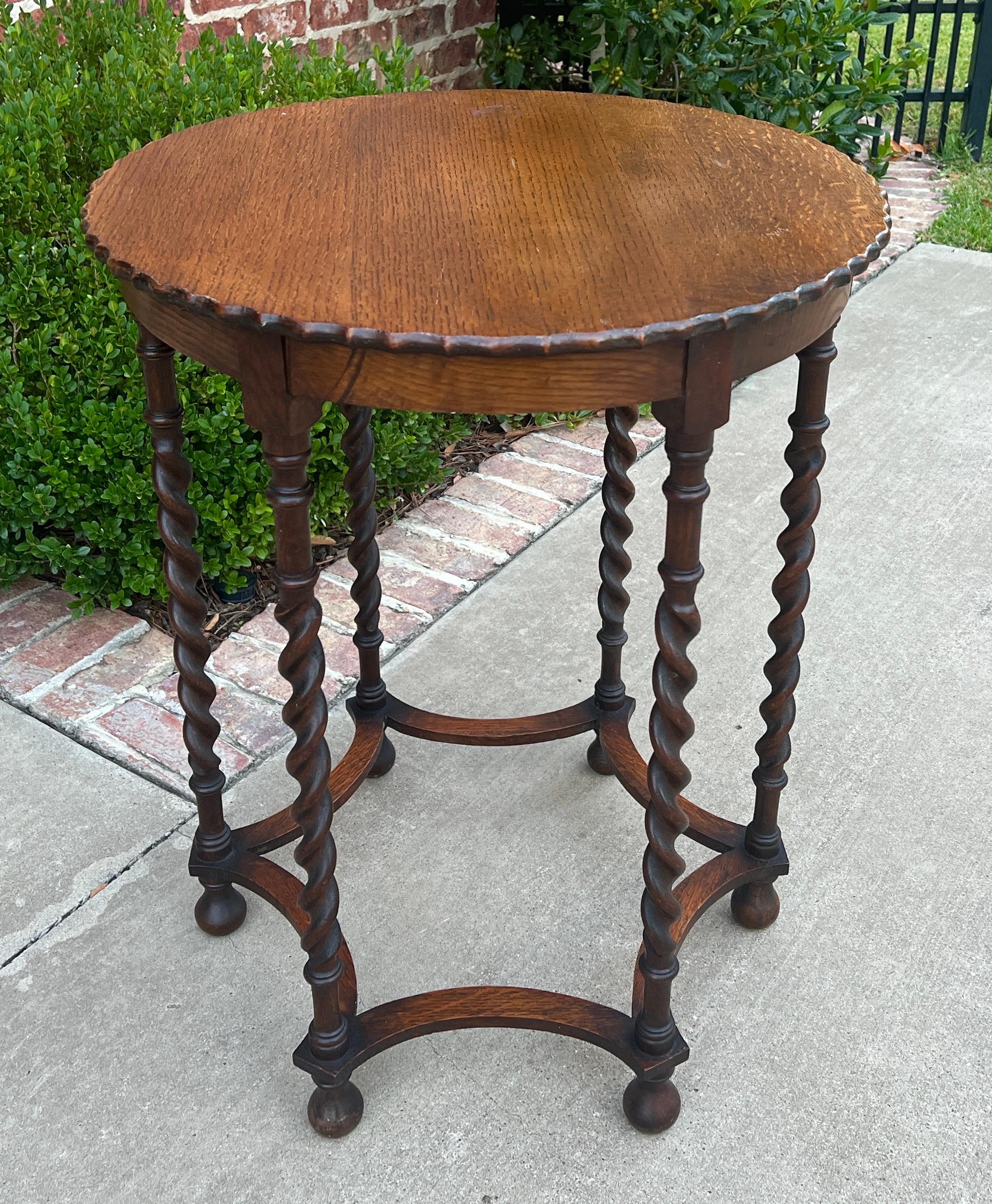 Carved Antique English Oak End Table ROUND Barley Twist Pie Crust Edge Side Table