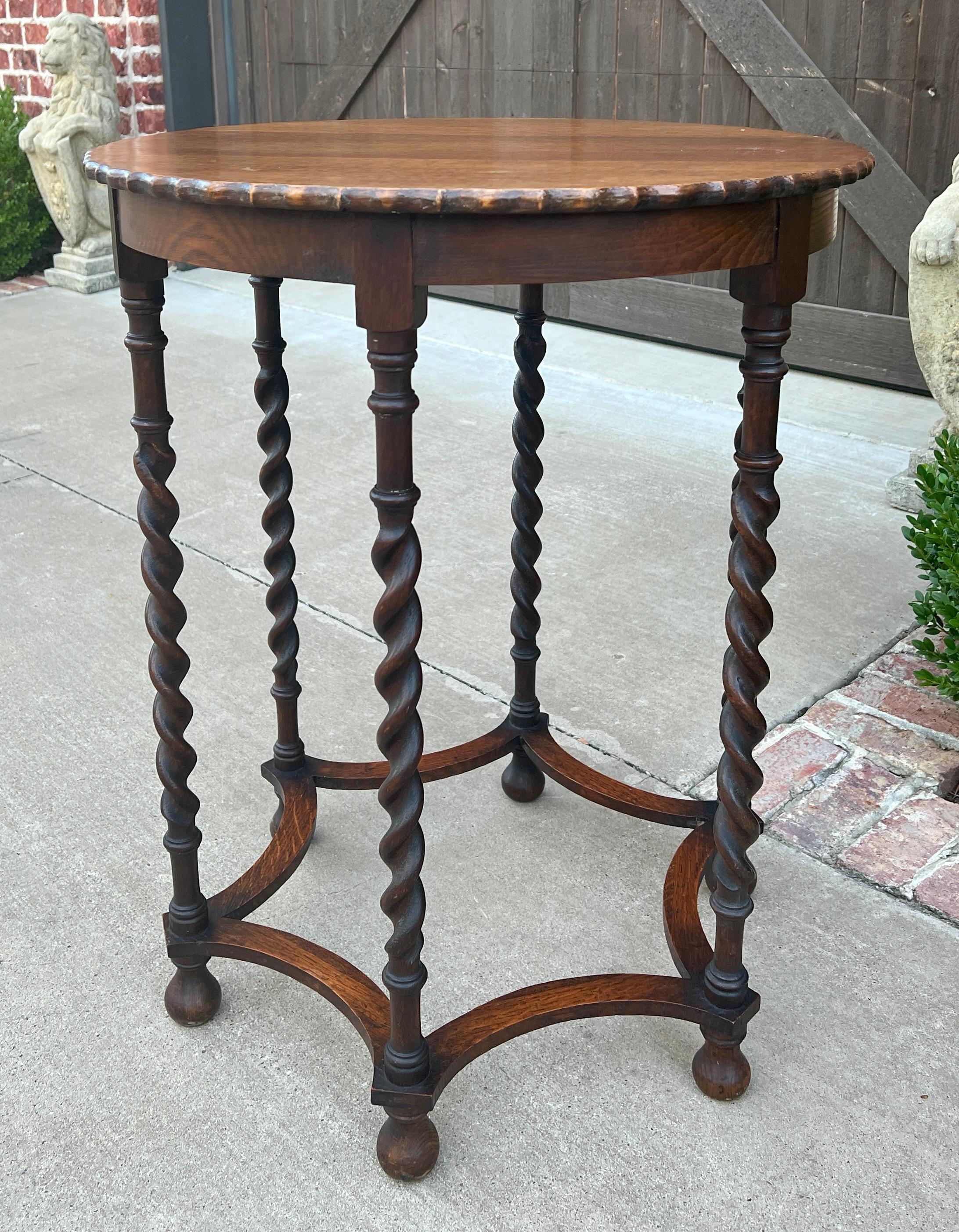 Antique English Oak End Table ROUND Barley Twist Pie Crust Edge Side Table 3