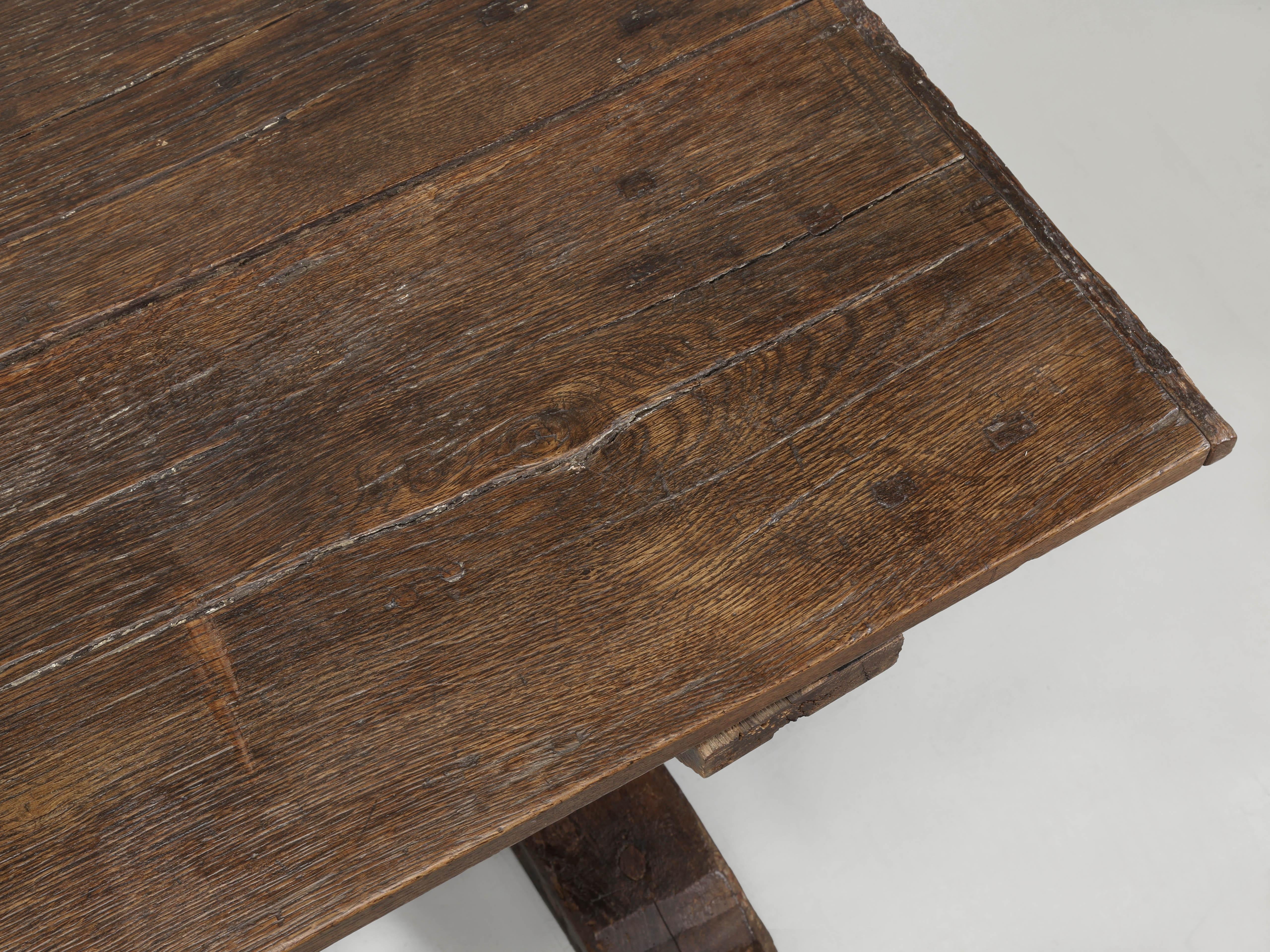 Hand-Crafted Antique English Oak Farm Table or Rustic Trestle Dining Table Unrestored c1700's For Sale