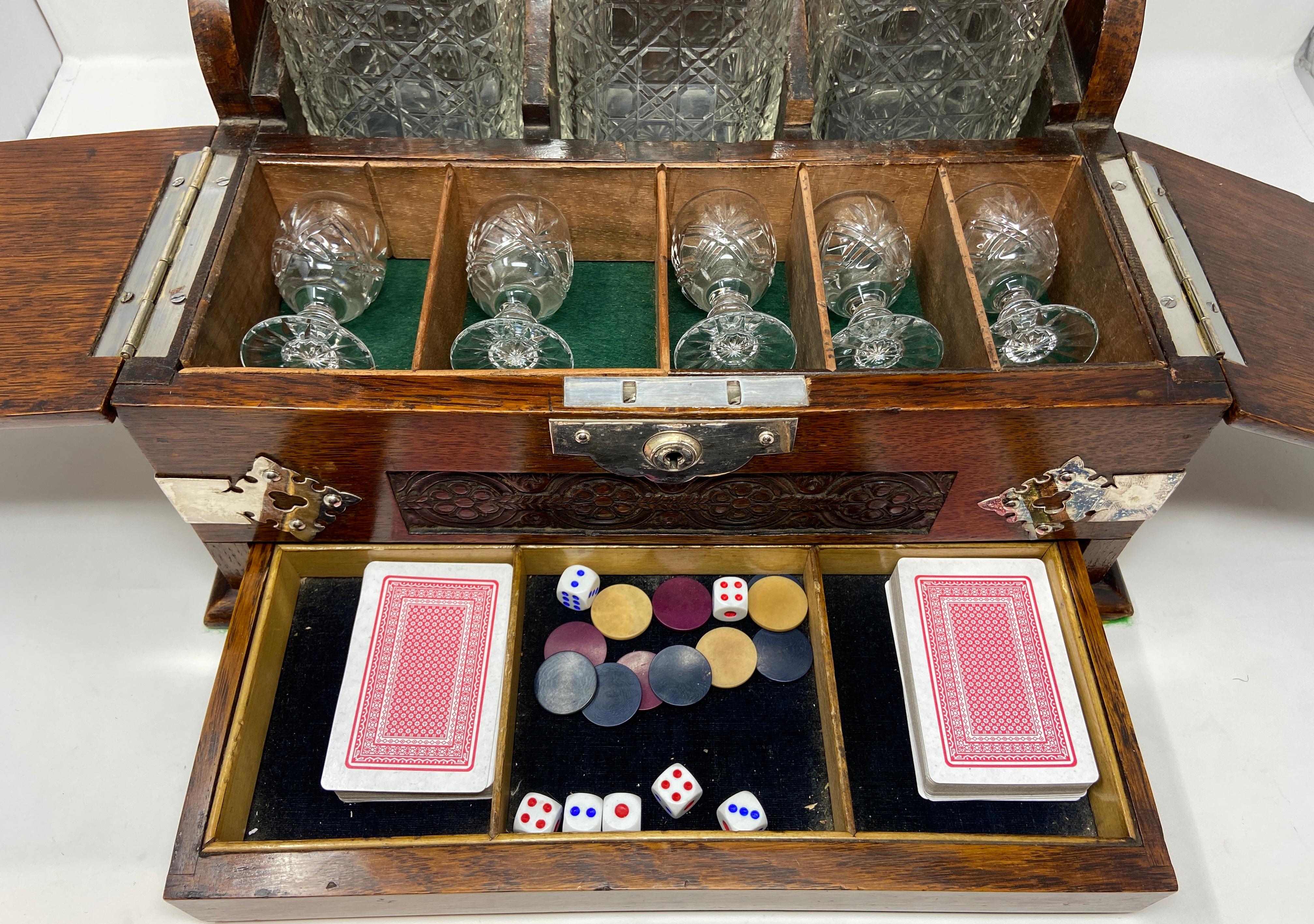 Antique English Oak Games Box 3-Bottle Tantalus with Cordials, circa 1880 7