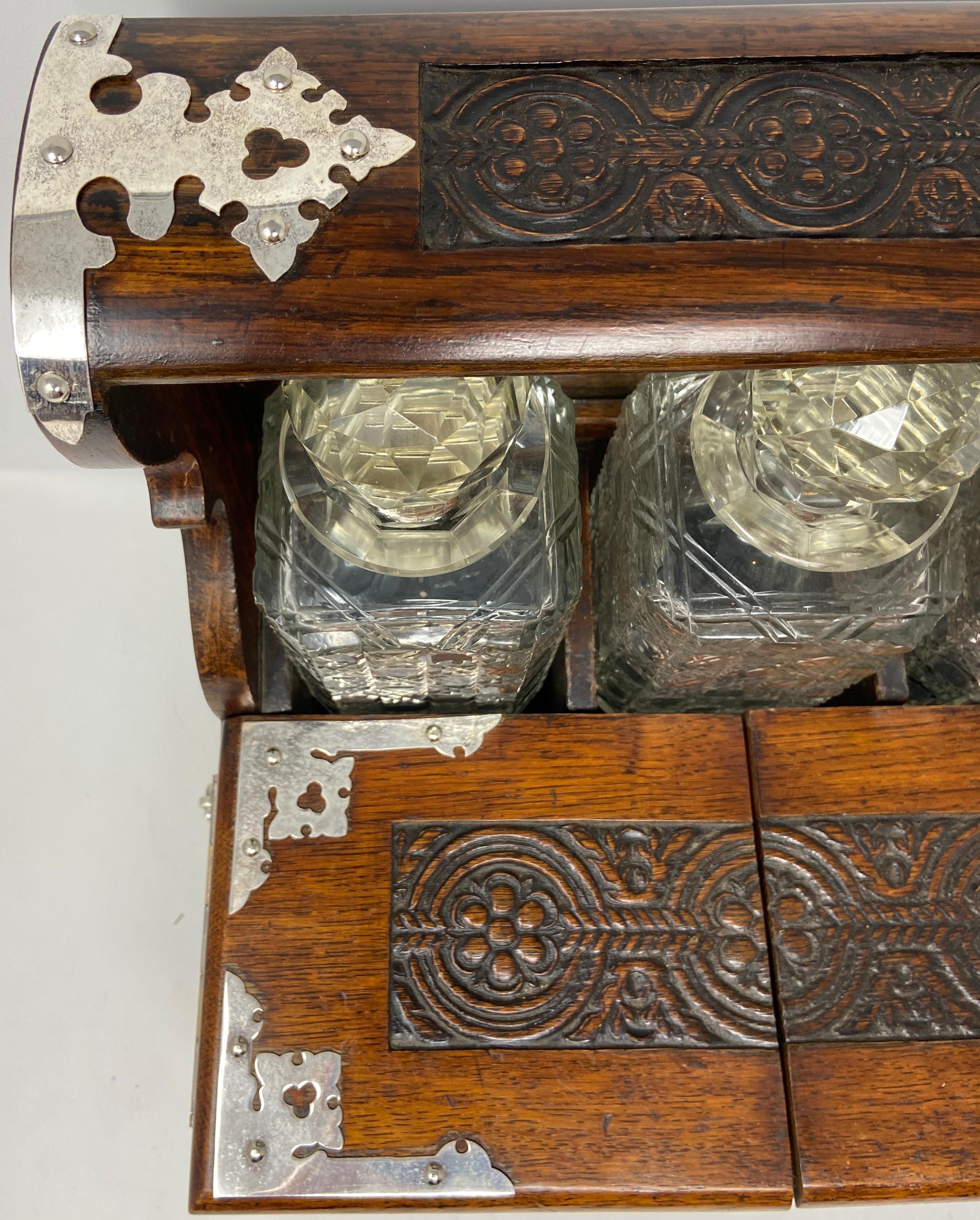 19th Century Antique English Oak Games Box 3-Bottle Tantalus with Cordials, circa 1880