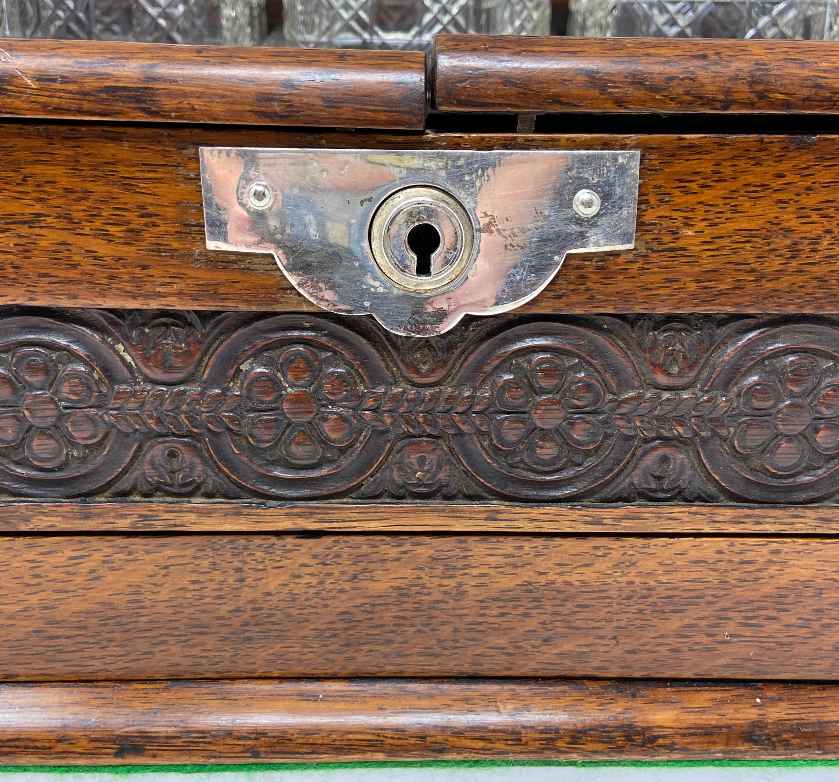 Antique English Oak Games Box 3-Bottle Tantalus with Cordials, circa 1880 1