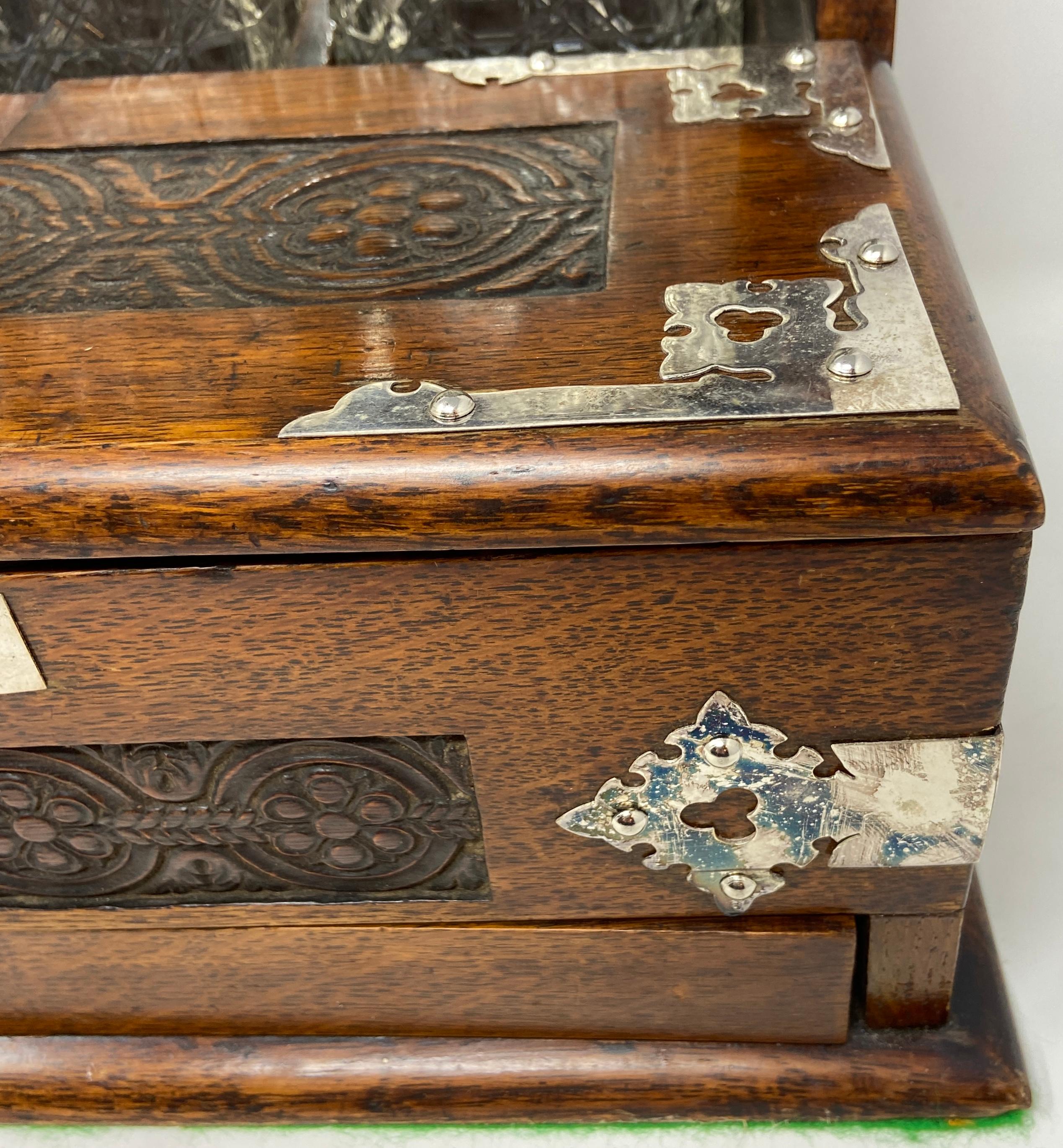 Antique English Oak Games Box 3-Bottle Tantalus with Cordials, circa 1880 3