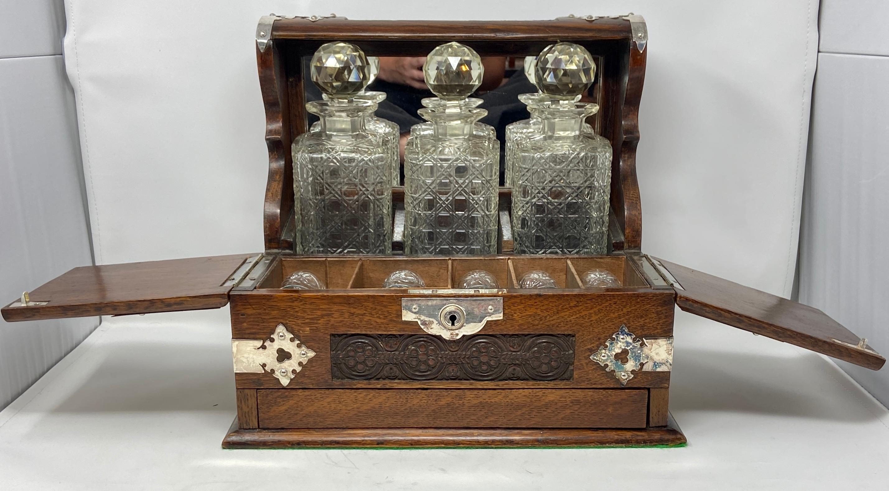 Antique English Oak Games Box 3-Bottle Tantalus with Cordials, circa 1880 4