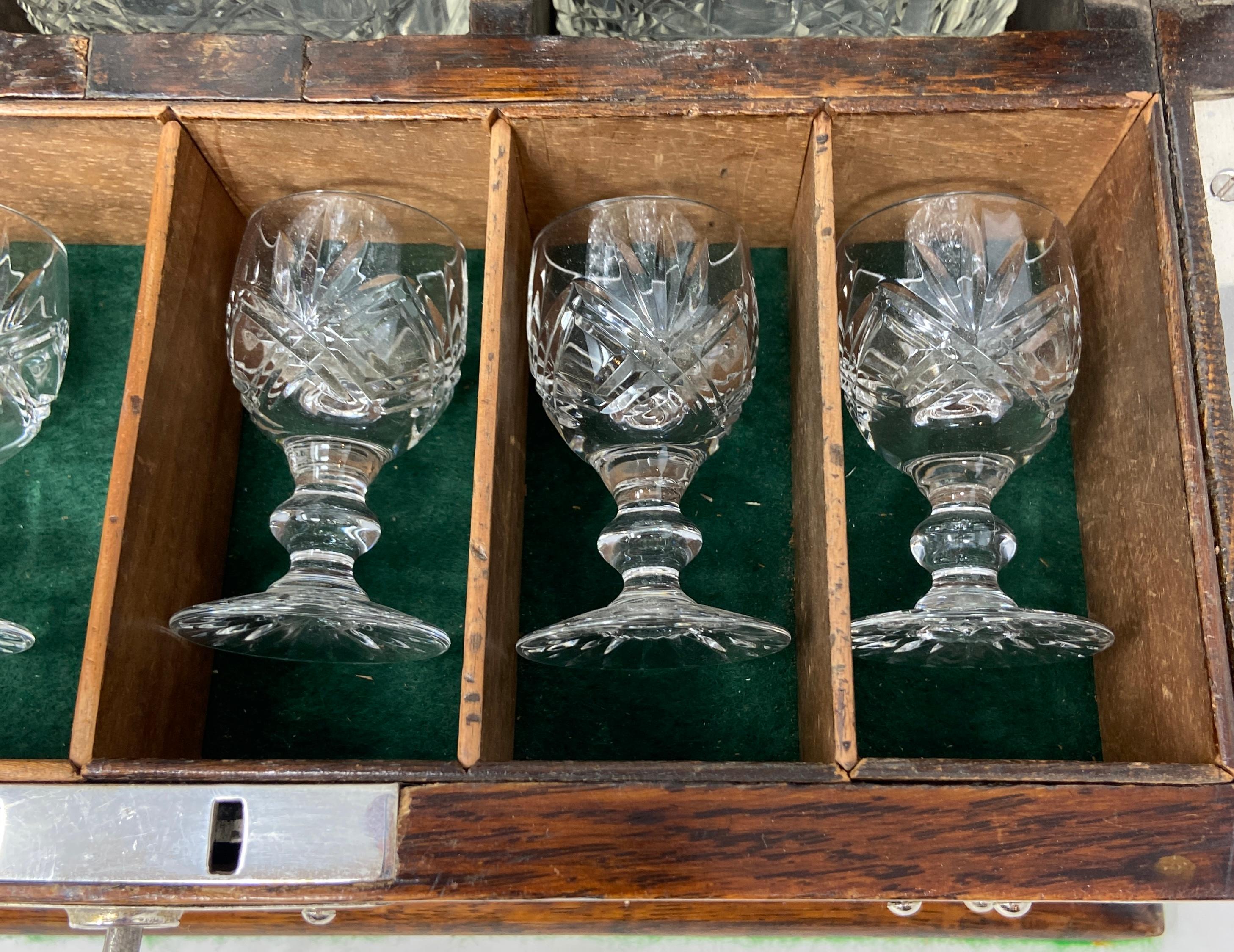 Antique English Oak Games Box 3-Bottle Tantalus with Cordials, circa 1880 5