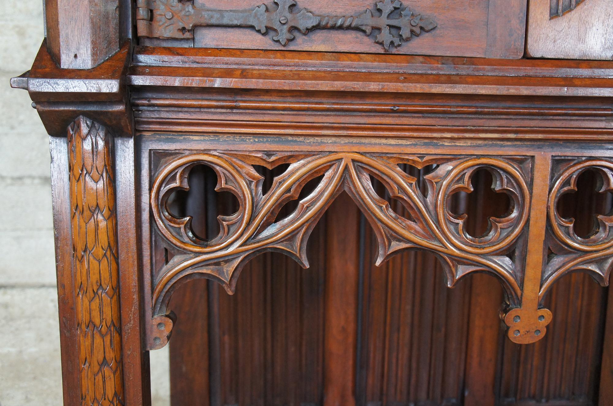 19th Century Antique English Oak Gothic Revival Altar Cabinet Court Cupboard Secretary Desk