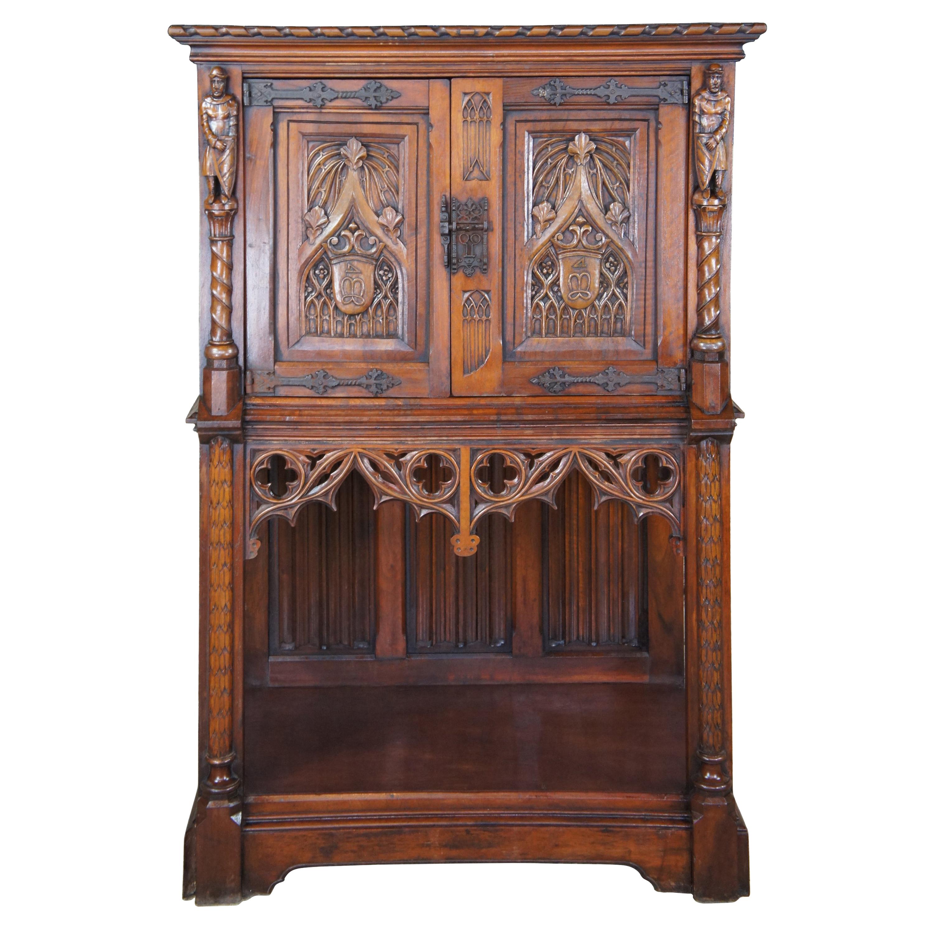 Antique English Oak Gothic Revival Altar Cabinet Court Cupboard Secretary Desk