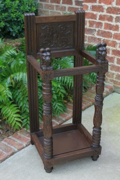 Antique English Oak Gothic Umbrella Cane Stick Stand Hall Tree Entry Foyer Stand