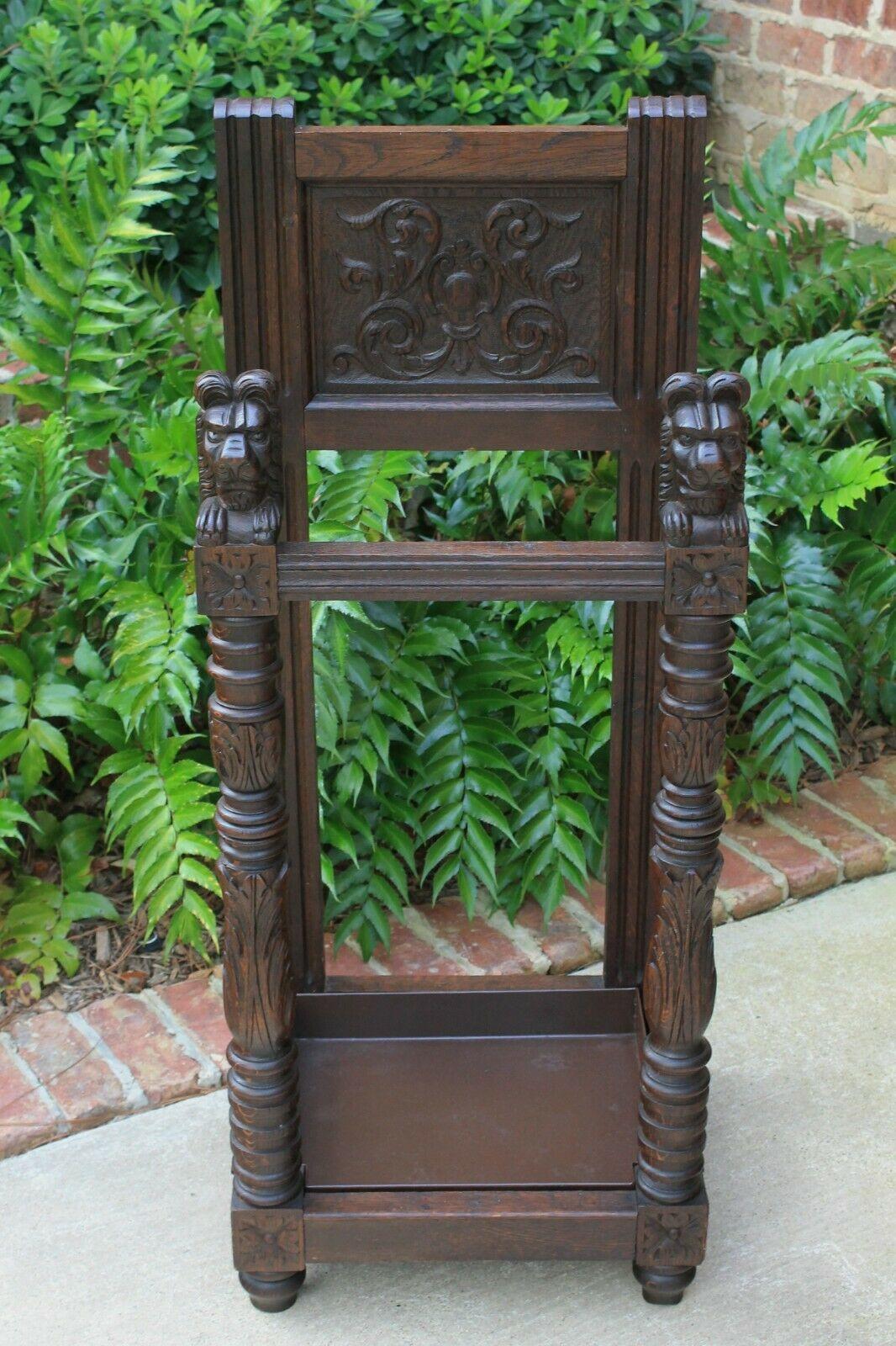 Gothic Revival Antique English Oak Gothic Umbrella Cane Stick Stand Hall Tree Entry Foyer Stand