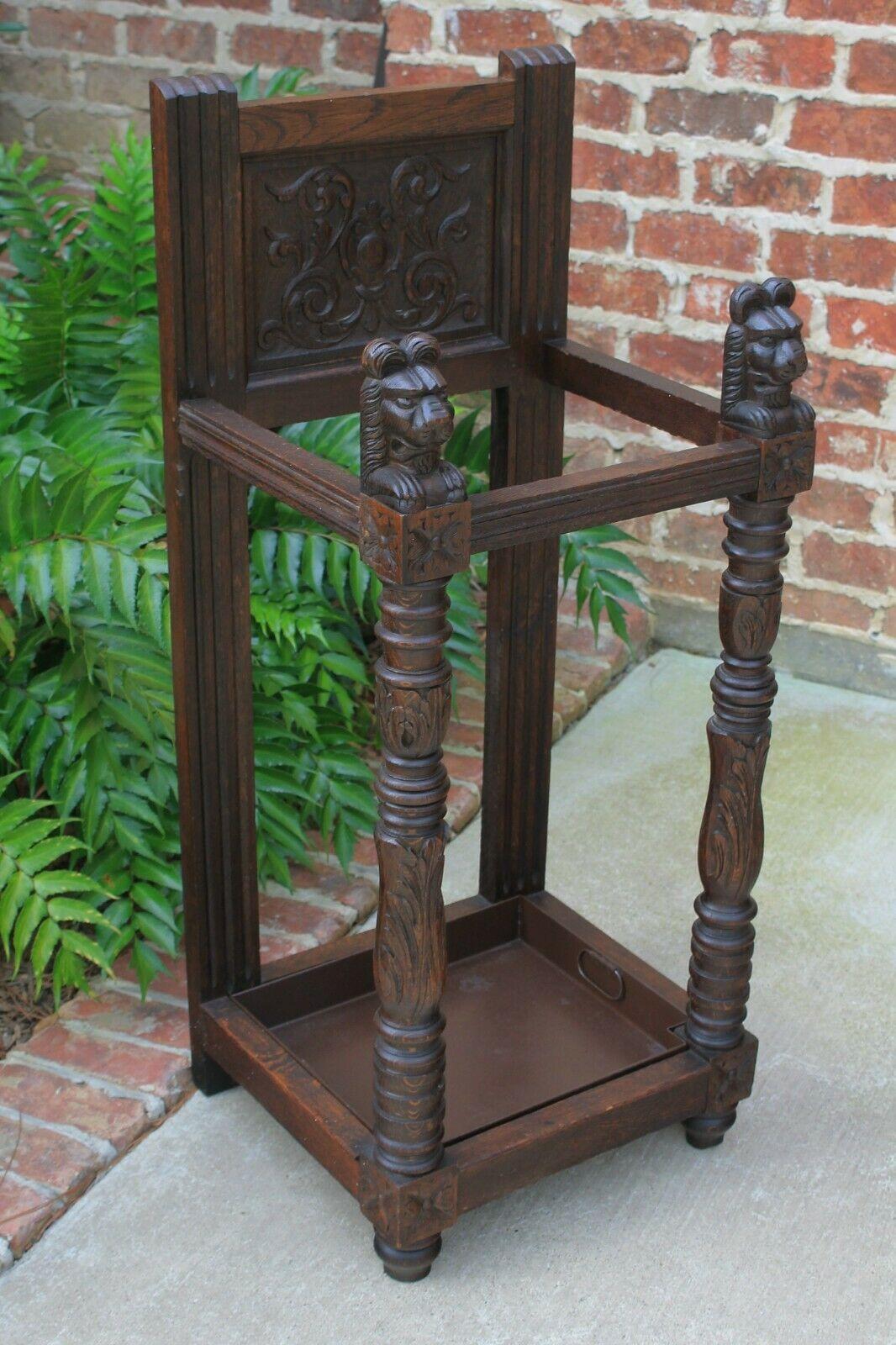 Carved Antique English Oak Gothic Umbrella Cane Stick Stand Hall Tree Entry Foyer Stand