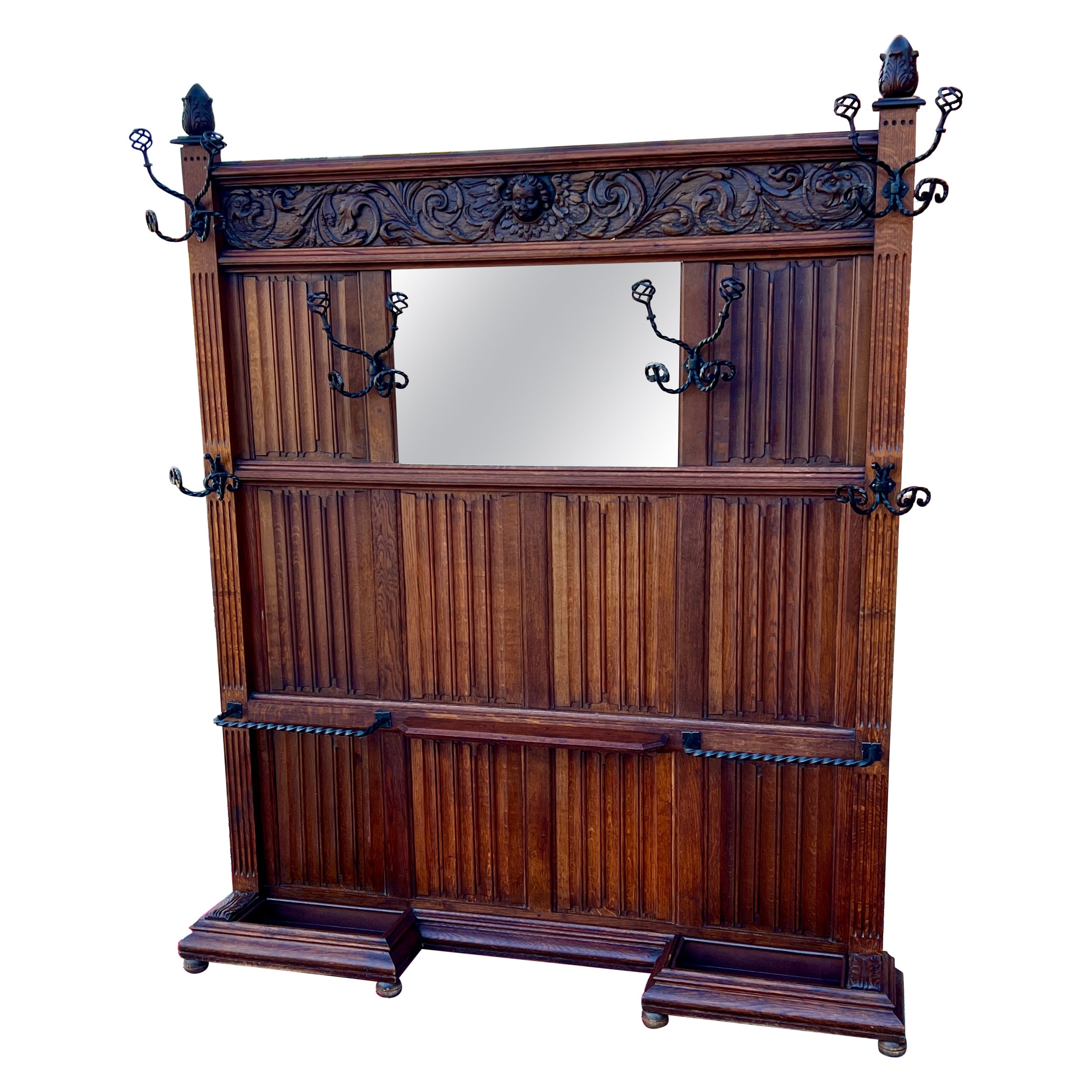 Antique English Oak Hall Tree Entry Foyer Umbrella Stand Coat Hat Rack w Mirror