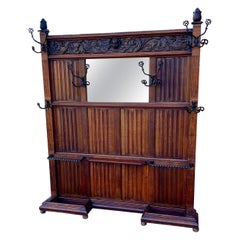 Antique English Oak Hall Tree Entry Foyer Umbrella Stand Coat Hat Rack w Mirror
