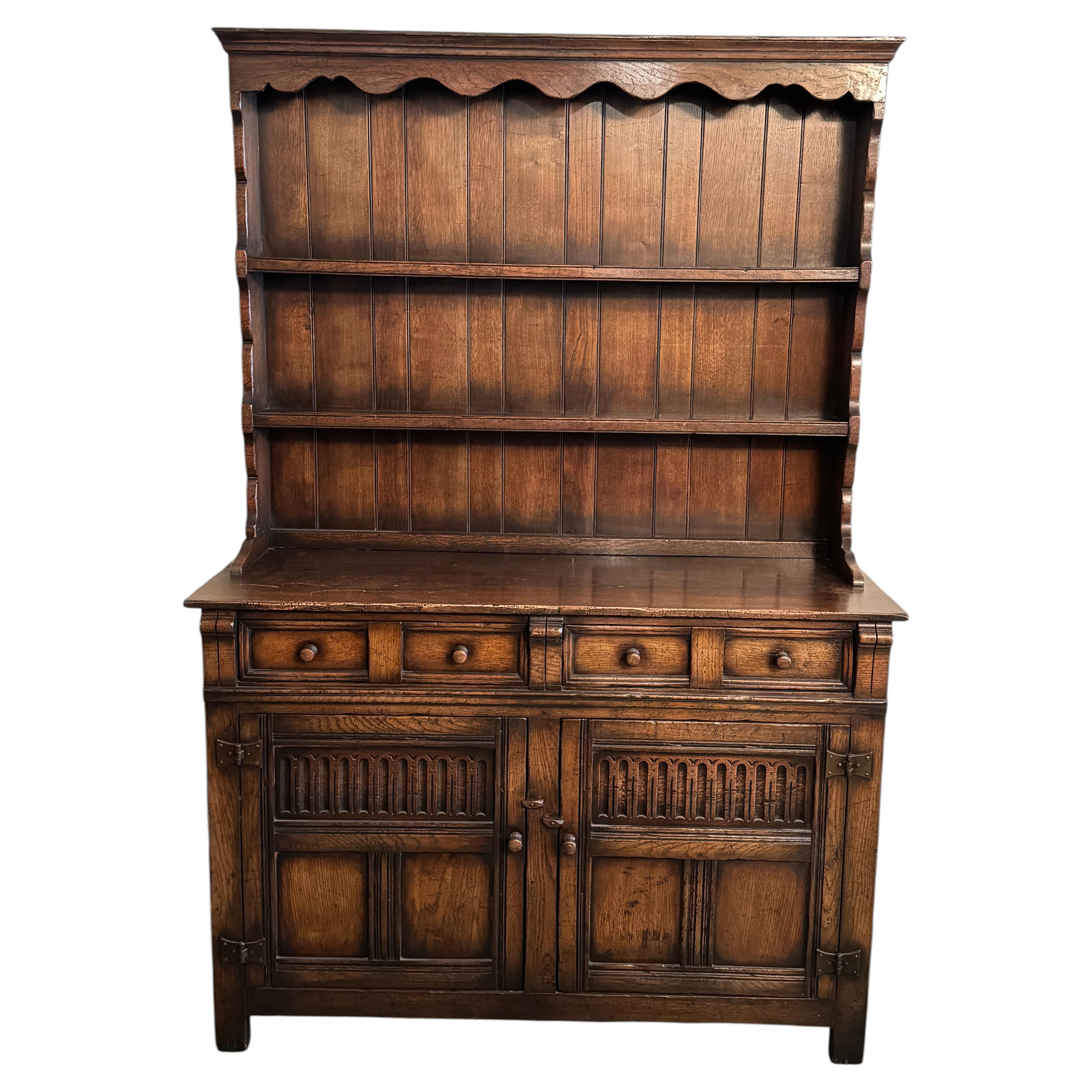 Antique English Oak Jacobean Style Two-Piece Hutch