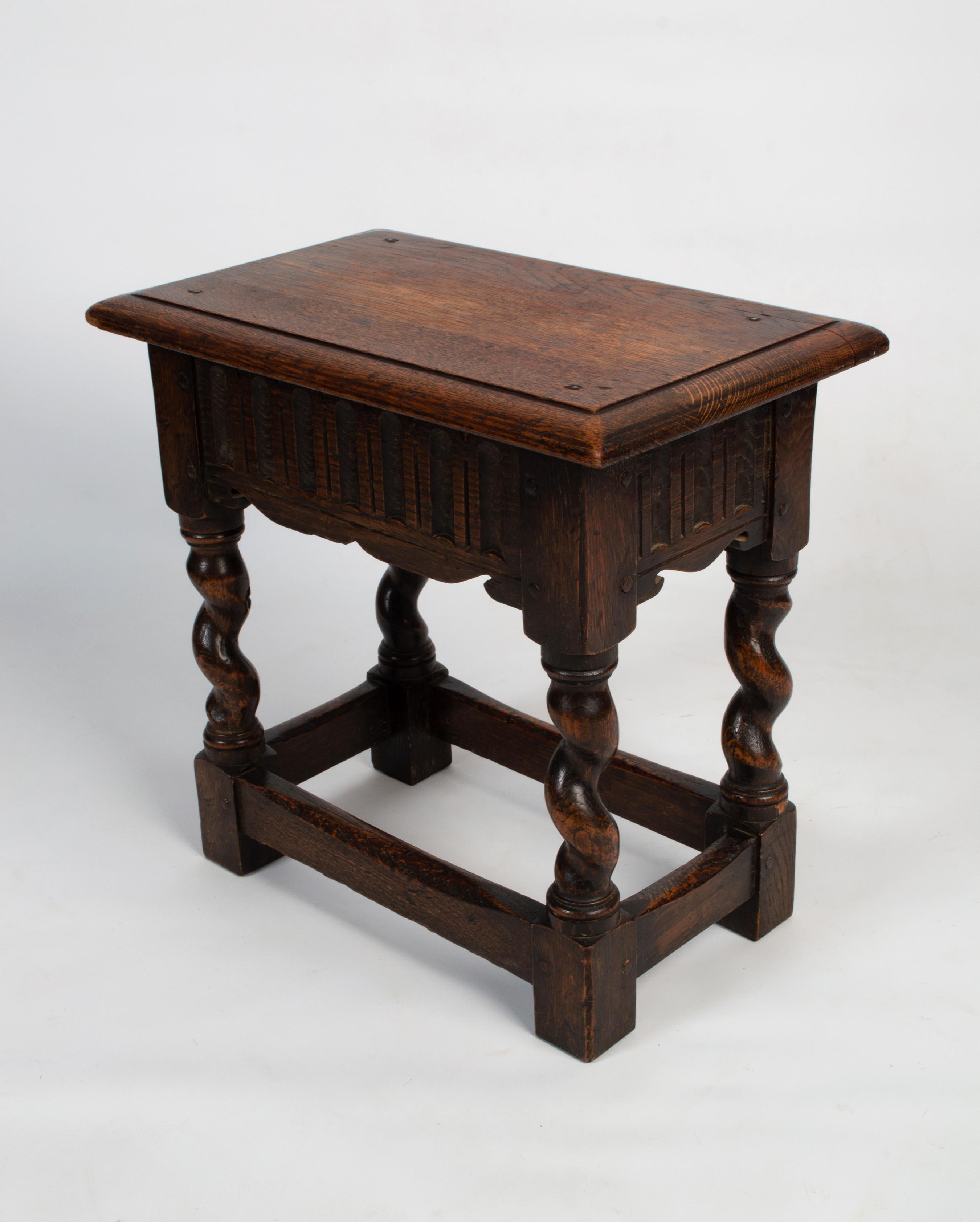 Antique English Oak James (JAS) shoolbred joint stool
circa 1880

Bearing maker's label to underside: 