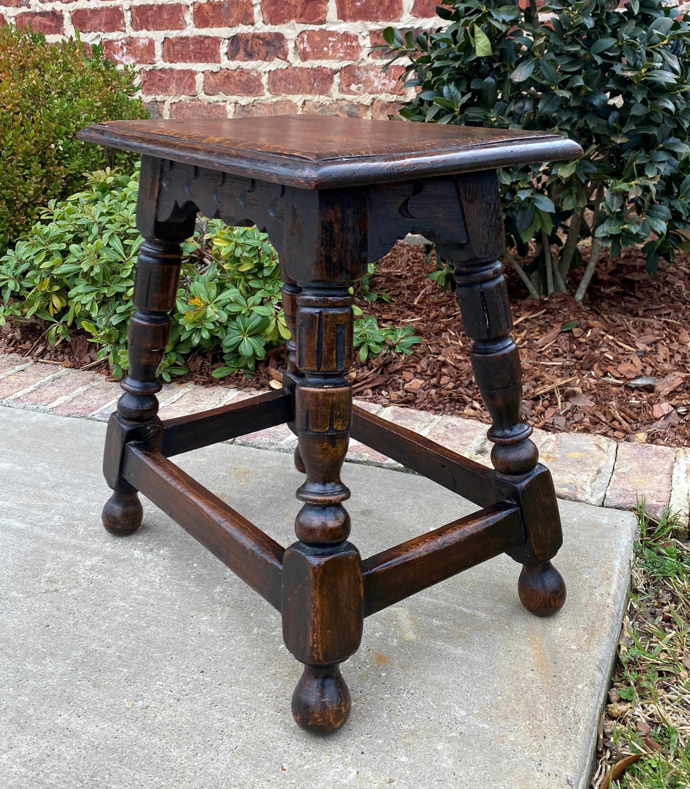 Carved Antique English Oak Joint Stool Footstool Bench Pegged Turned Post c.1930s