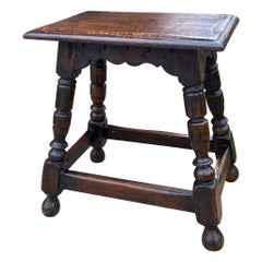 Antique English Oak Joint Stool Footstool Bench Pegged Turned Post c.1930s