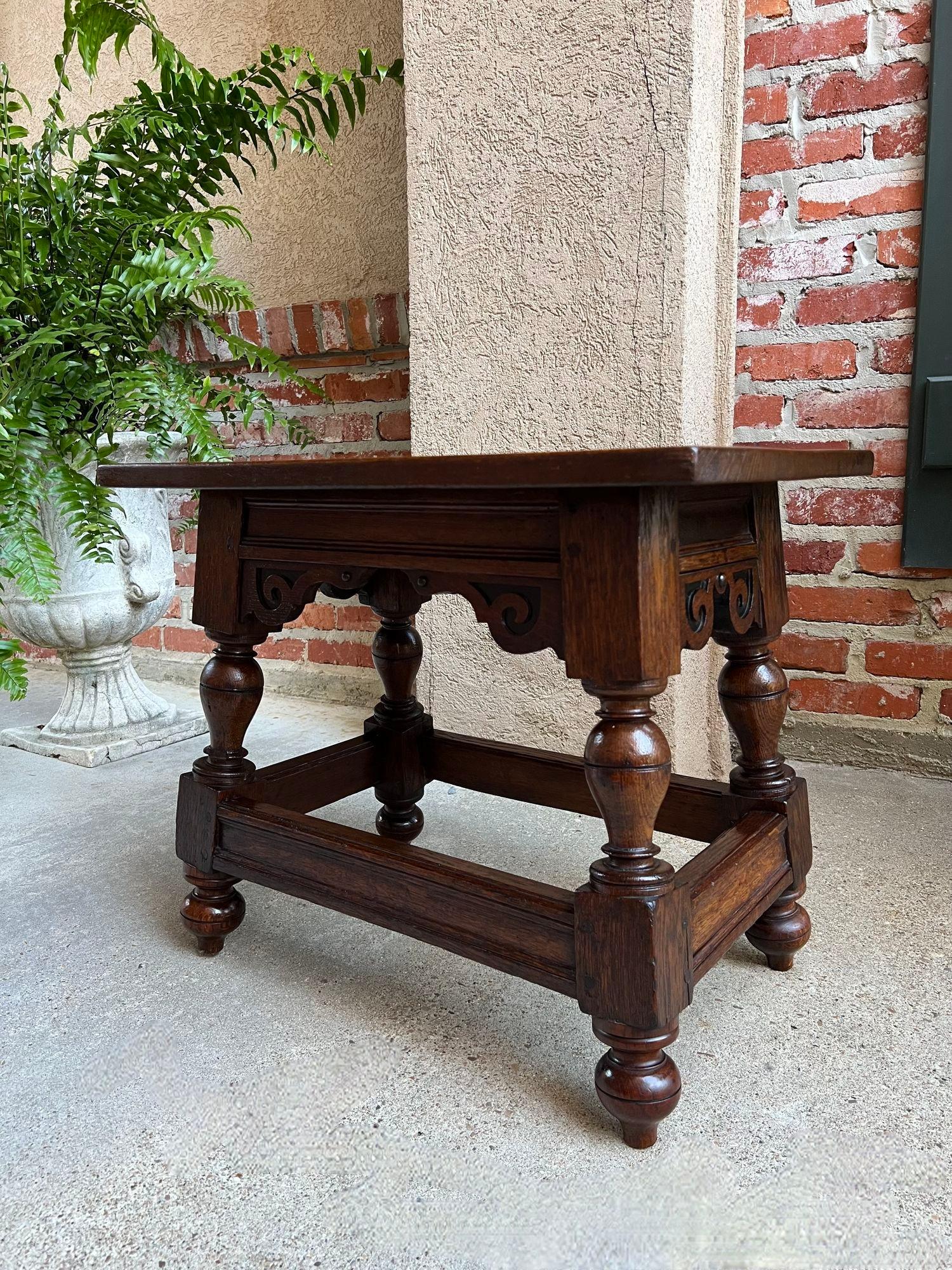 Hand-Carved Antique English Oak Joint Stool Pegged Bench Side Table Carved Jacobean c1850