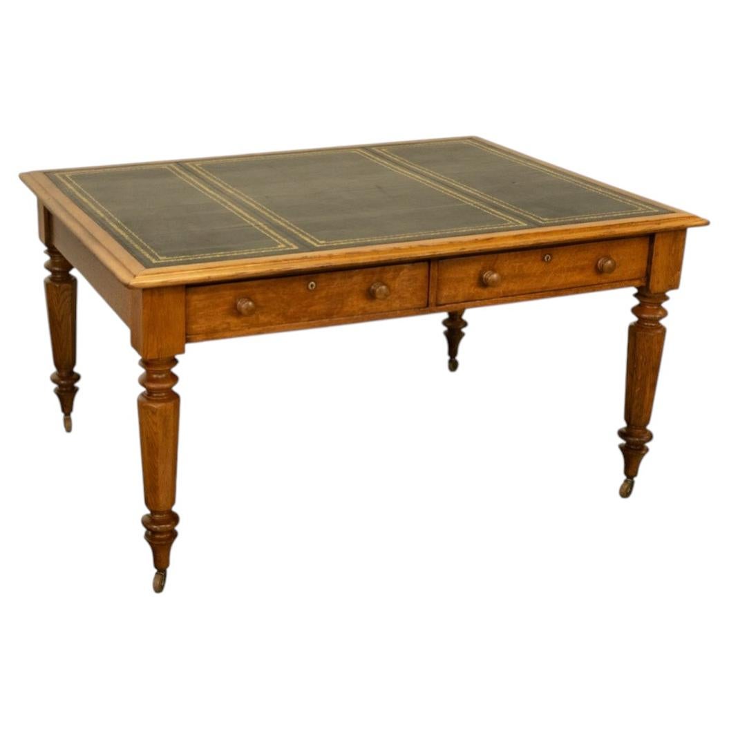 Antique English Oak & Leather Top Double-Sided Library Table Partner's Desk 1860