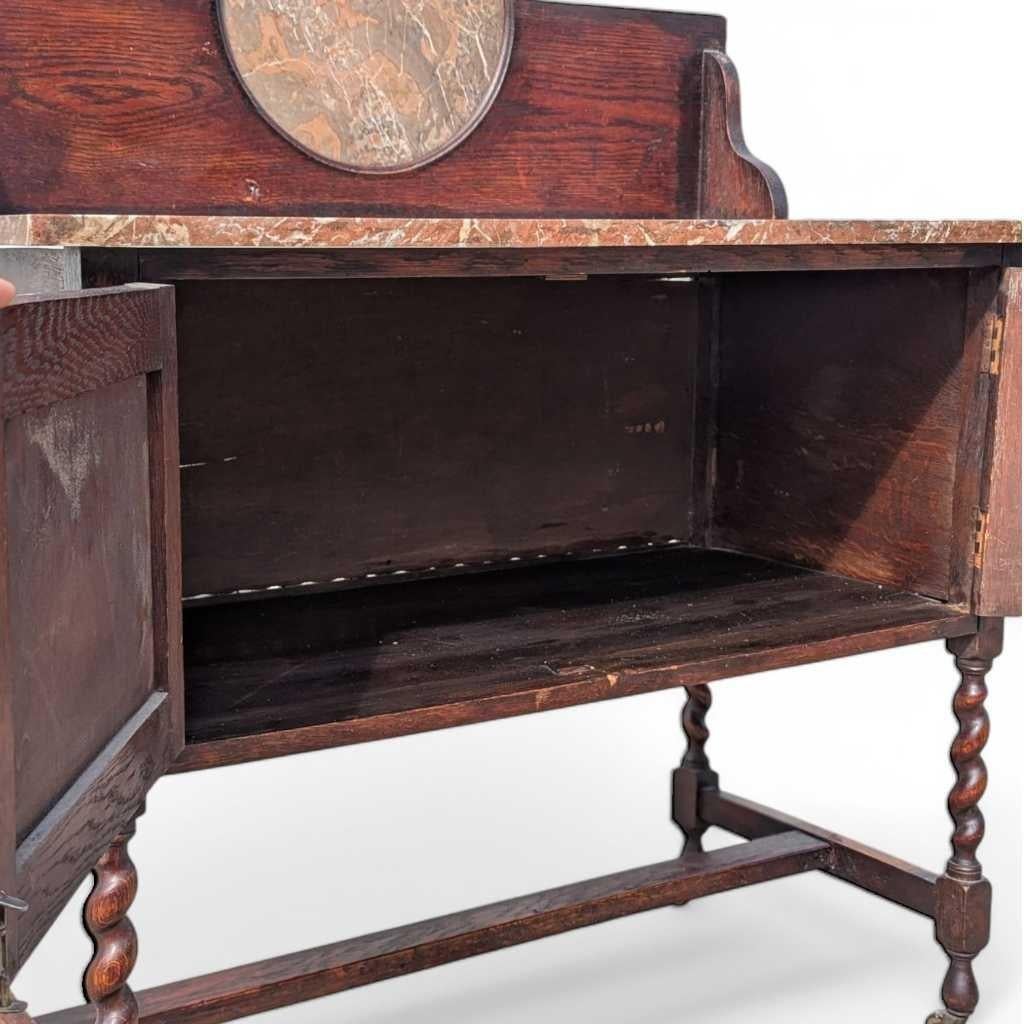 Antiguo Lavabo Inglés de Roble con Tapa de Mármol y Patas Torcidas de Cebada, c. 1900 en venta 4