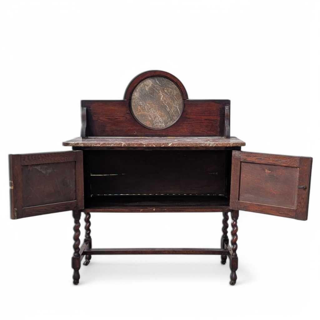 Antiguo Lavabo Inglés de Roble con Tapa de Mármol y Patas Torcidas de Cebada, c. 1900 en venta 9