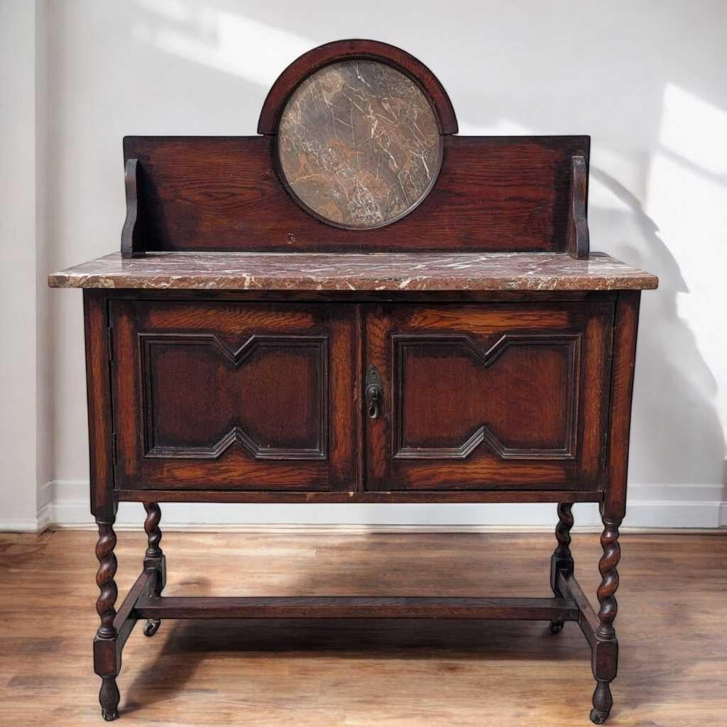 Antiguo Lavabo Inglés de Roble con Tapa de Mármol y Patas Torcidas de Cebada, c. 1900 en venta 10