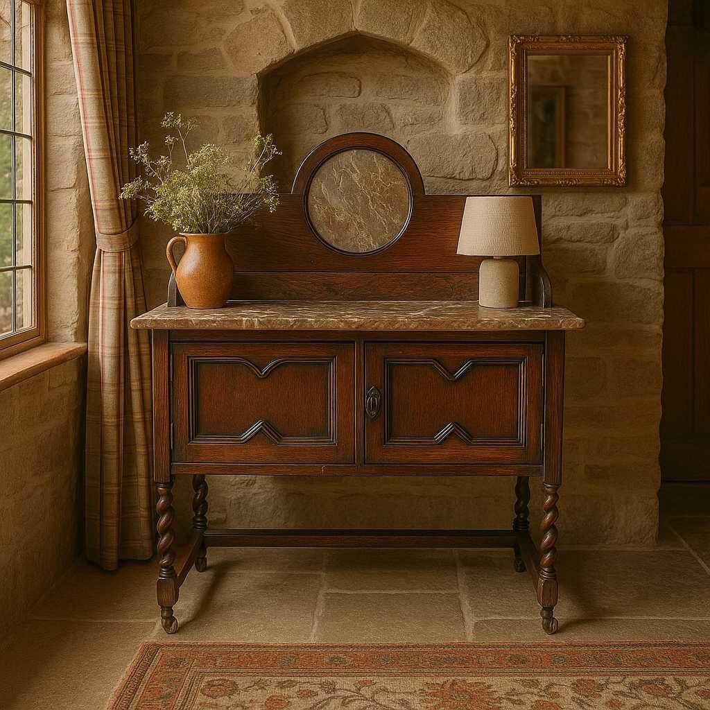 Antique English Oak Marble-Top Washstand with Barley Twist Legs, c. 1900s For Sale 11