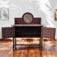 Antique English Oak Marble-Top Washstand with Barley Twist Legs, c. 1900s