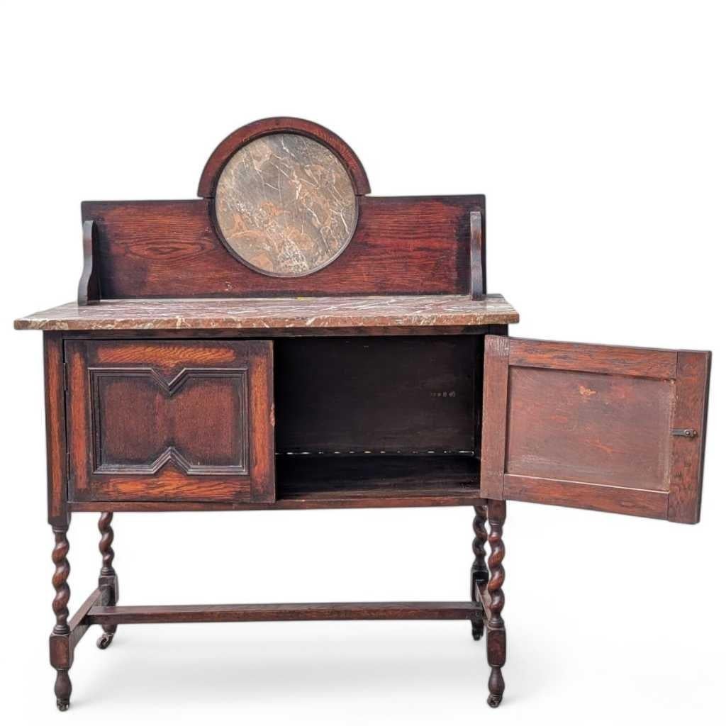 Antiguo Lavabo Inglés de Roble con Tapa de Mármol y Patas Torcidas de Cebada, c. 1900 Tallado a mano en venta