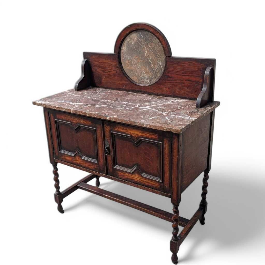 Antiguo Lavabo Inglés de Roble con Tapa de Mármol y Patas Torcidas de Cebada, c. 1900 en Bueno estado para la venta en Rancho Cucamonga, CA