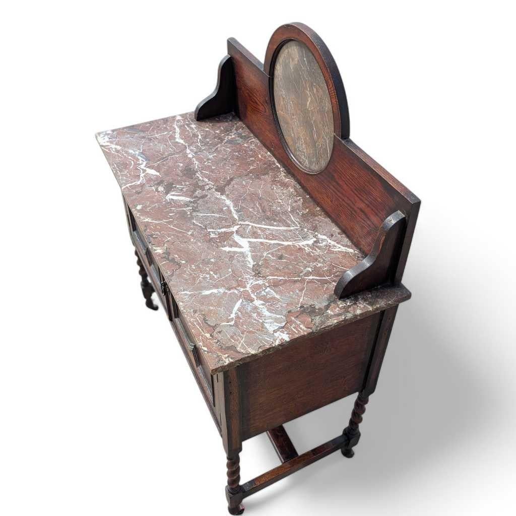 Antiguo Lavabo Inglés de Roble con Tapa de Mármol y Patas Torcidas de Cebada, c. 1900 en venta 1