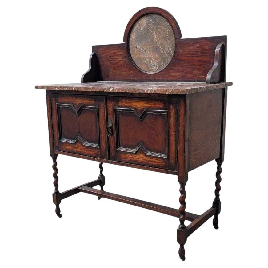 Antiguo Lavabo Inglés de Roble con Tapa de Mármol y Patas Torcidas de Cebada, c. 1900 en venta