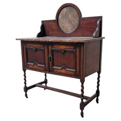 Antique English Oak Marble-Top Washstand with Barley Twist Legs, c. 1900s