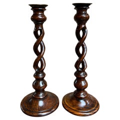 Antique English Oak OPEN Barley Twist Candlesticks Jacobean Pair c1860 12.5” Antique English Oak OPEN Barley Twist Candlesticks Jacobean Pair c1860 12.5”