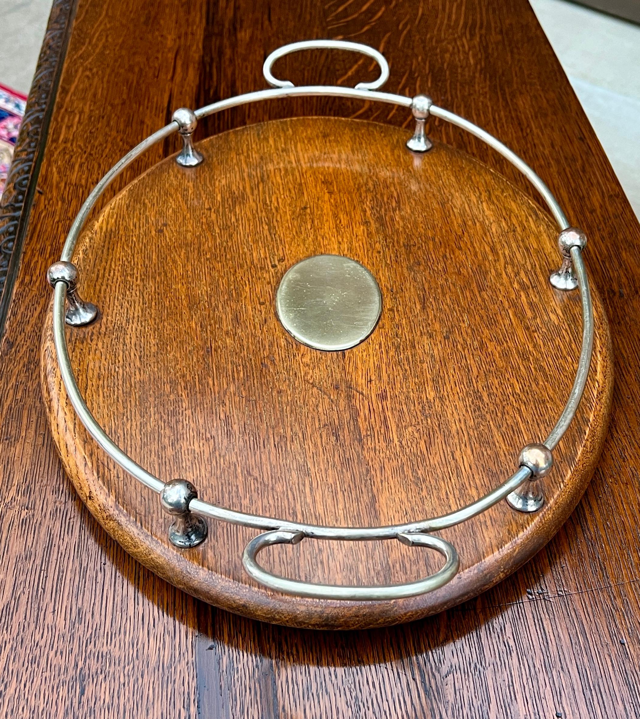 Antique English Oak Serving Tea Tray Platter OVAL with Gallery 1930s 4