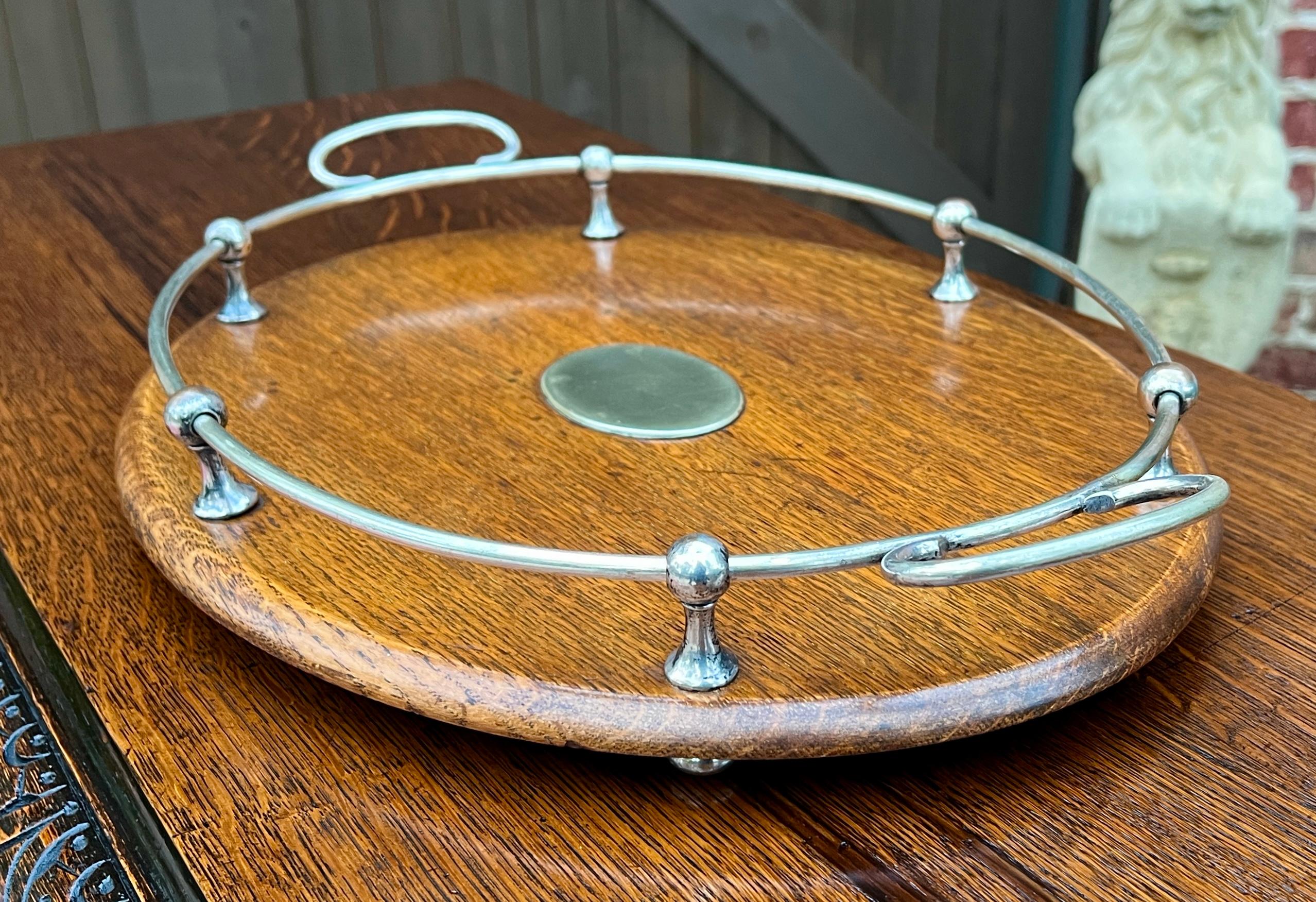 Antique English Oak Serving Tea Tray Platter OVAL with Gallery 1930s 5