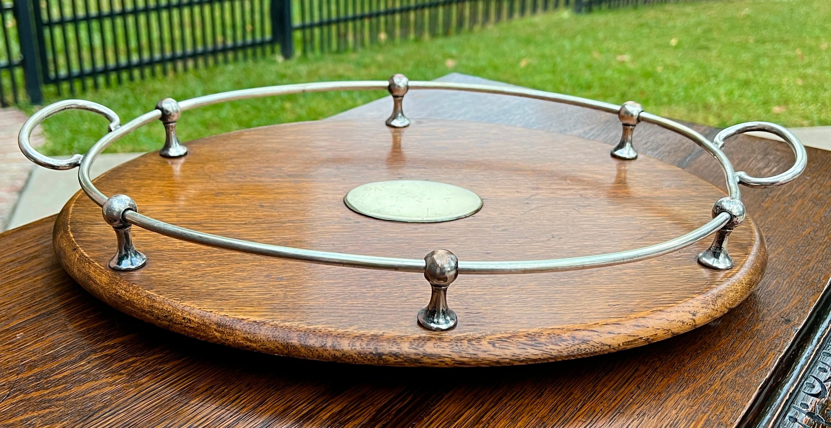 Antique English Oak Serving Tea Tray Platter OVAL with Gallery 1930s 8