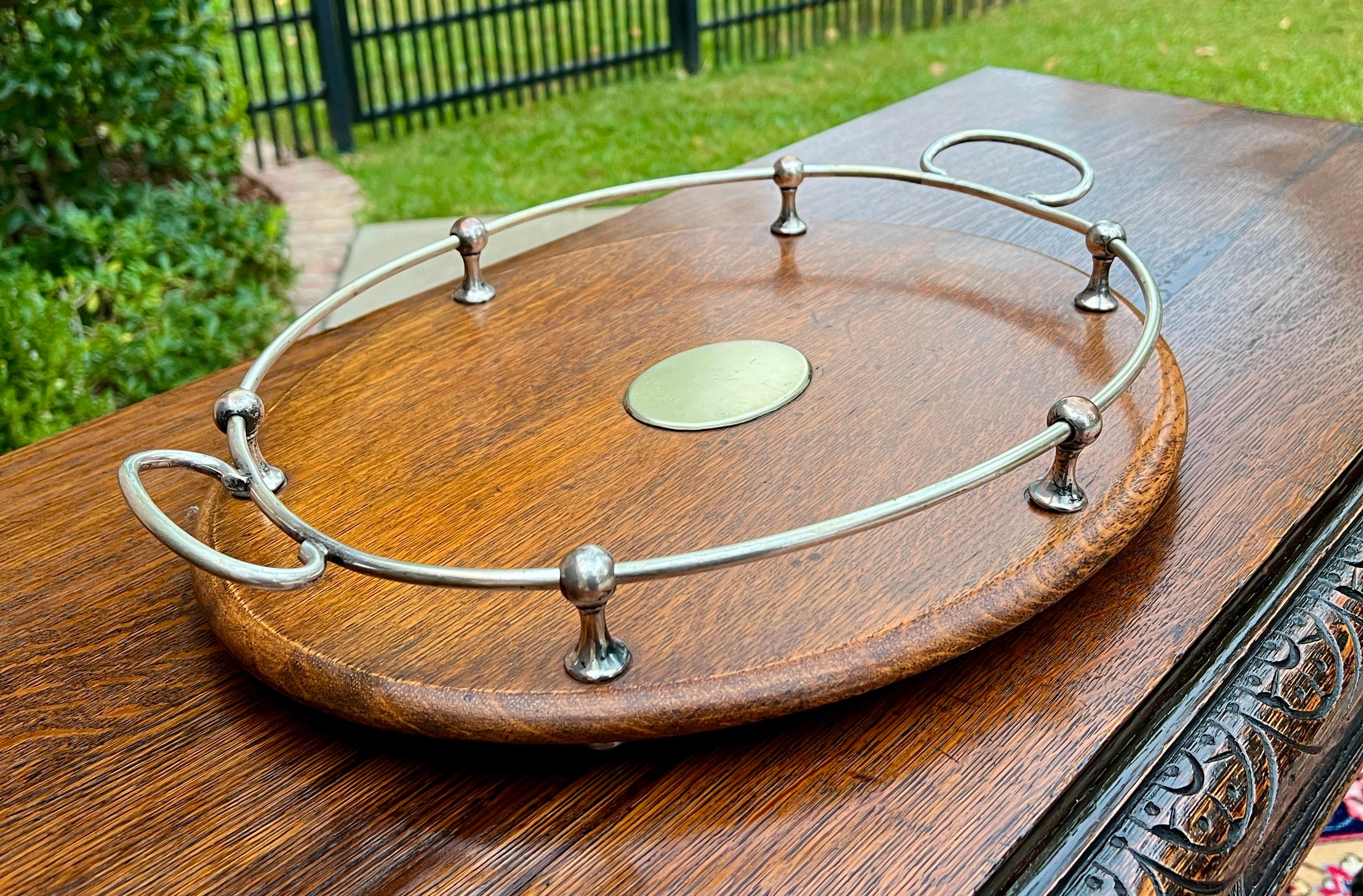 Silver Plate Antique English Oak Serving Tea Tray Platter OVAL with Gallery 1930s