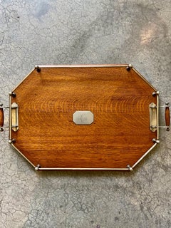 Antique English Oak Serving Tray w Silver Plate Gallery Rail + Handles
