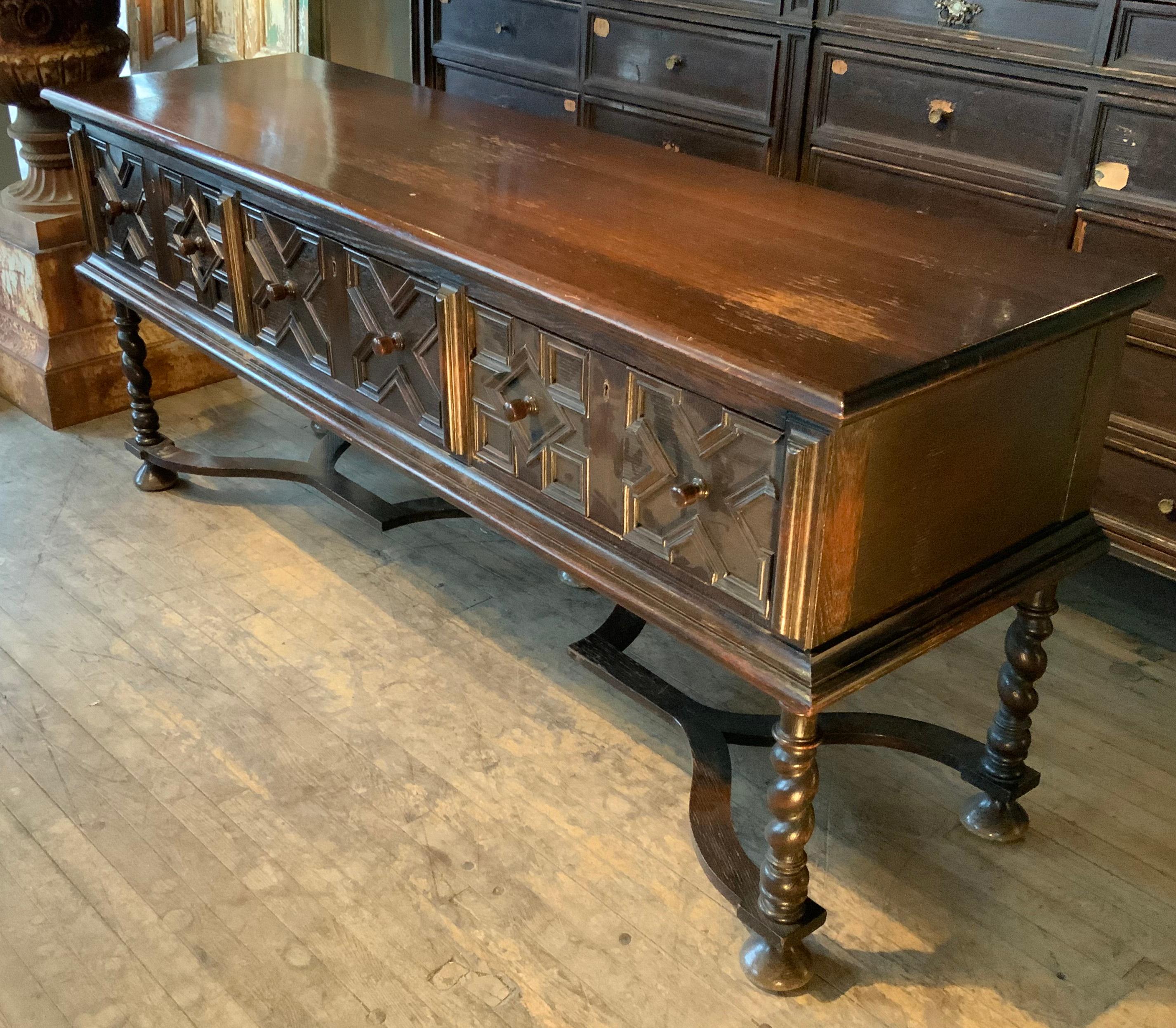 Antique English Oak Sideboard Console Table with Barley Twist Legs In Good Condition In Hudson, NY