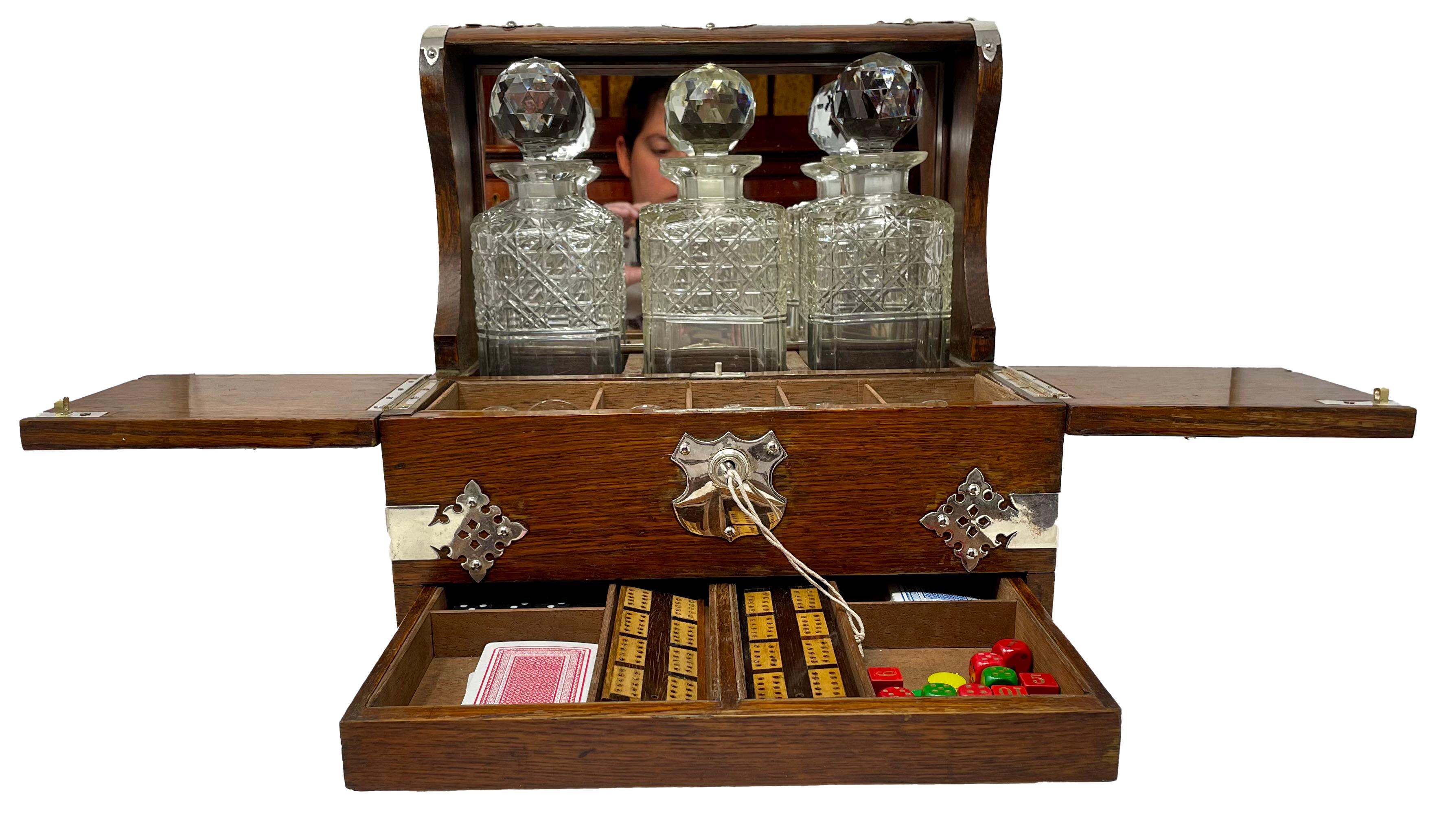 19th Century Antique English Oak & Silver Plate 3 Bottle Crystal Tantalus & Games Compendium  For Sale
