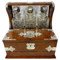 Antique English Oak & Silver Plate 3 Bottle Crystal Tantalus & Games Compendium