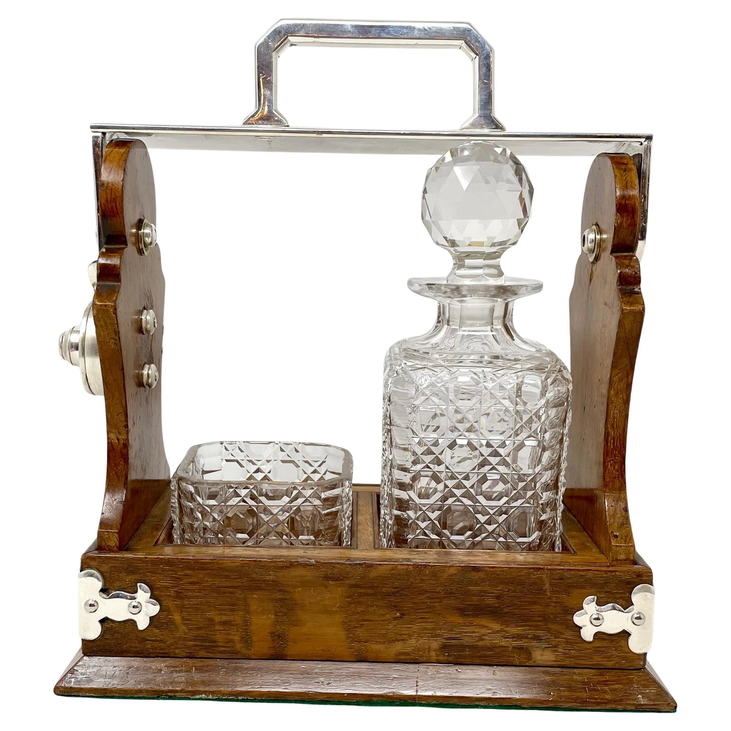 Antique English Oak, Silver-Plate & Crystal One-Bottle Tantalus & Cigar Holder. 5